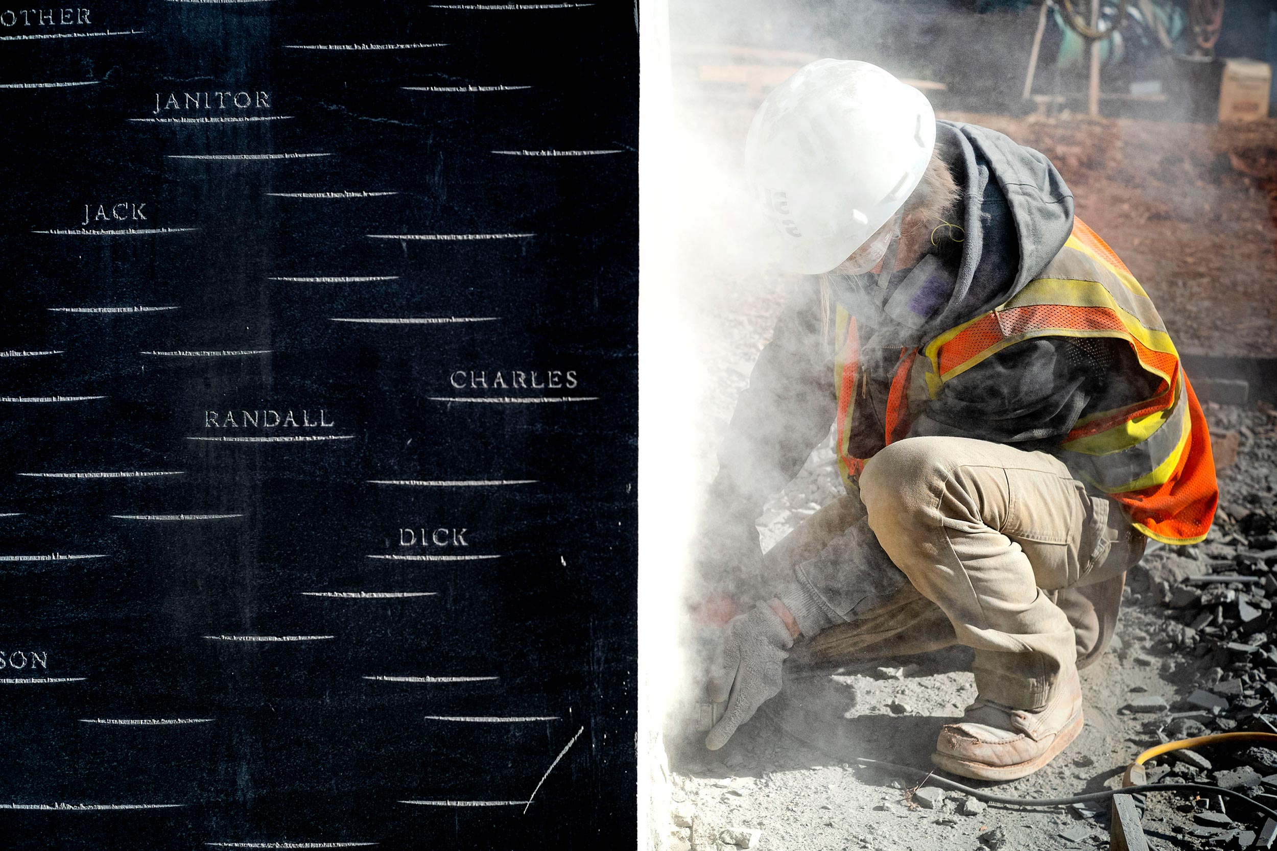 left: engraved names on a black surface. Right: Construction worker blasting into the ground