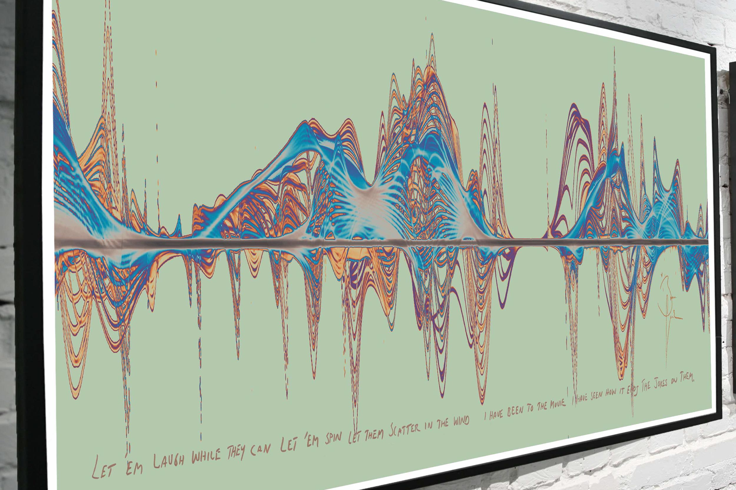 Painting of multicolored sound waves with lyrics
