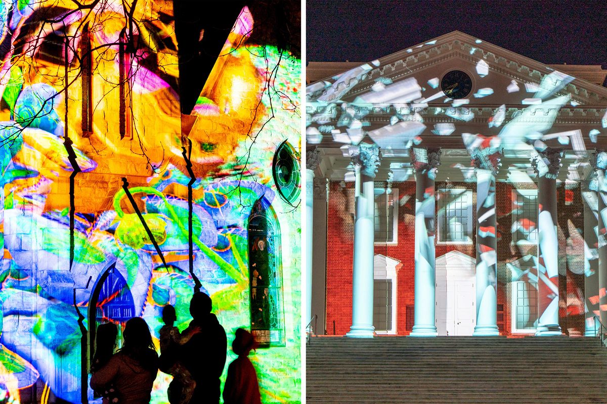 Left: Light show on the  chapel as a family gathers to look Right: Light show on the Rotunda 