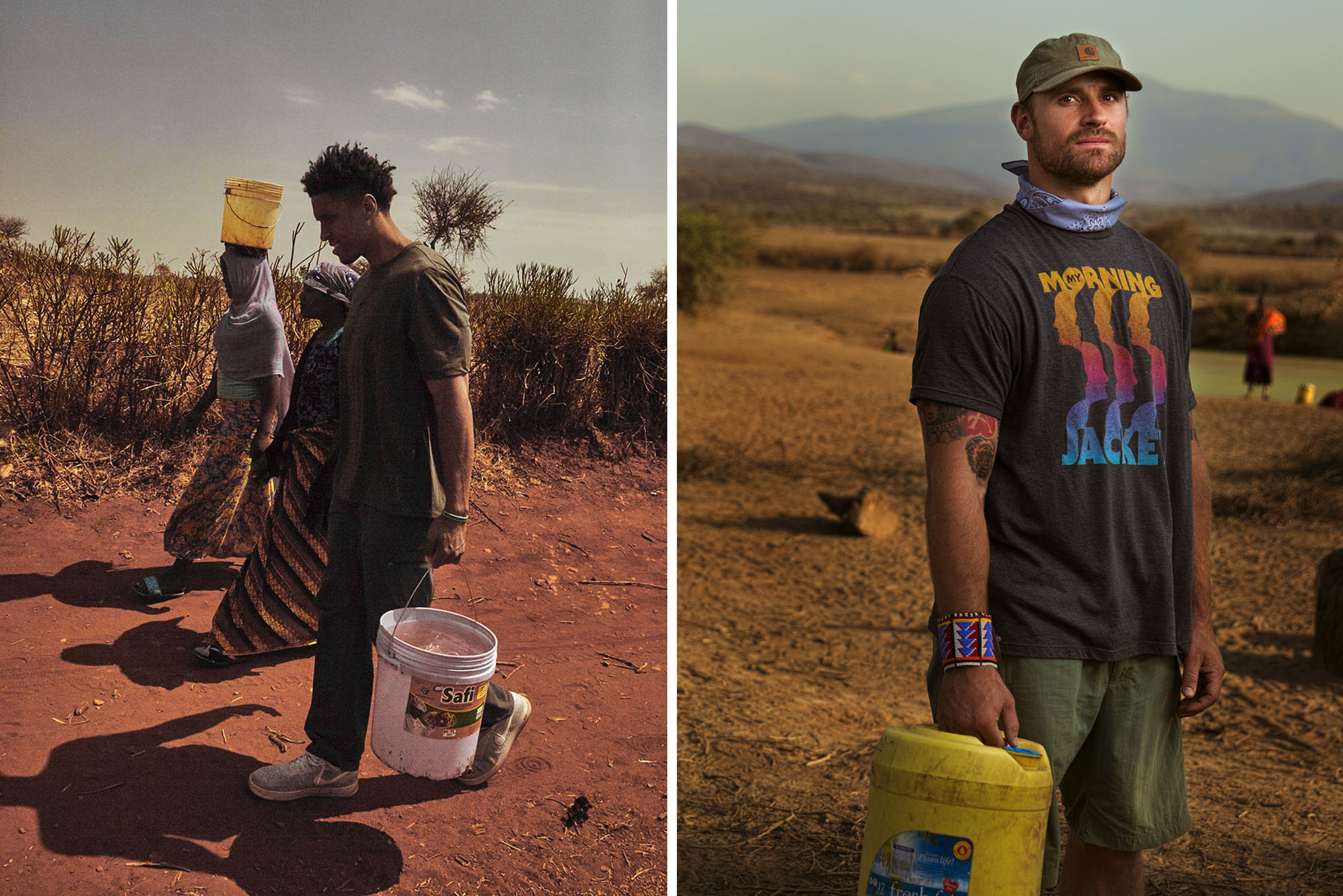 Man and two women carry buckets of water, left, Brogdon, carry's plastic container to collect water