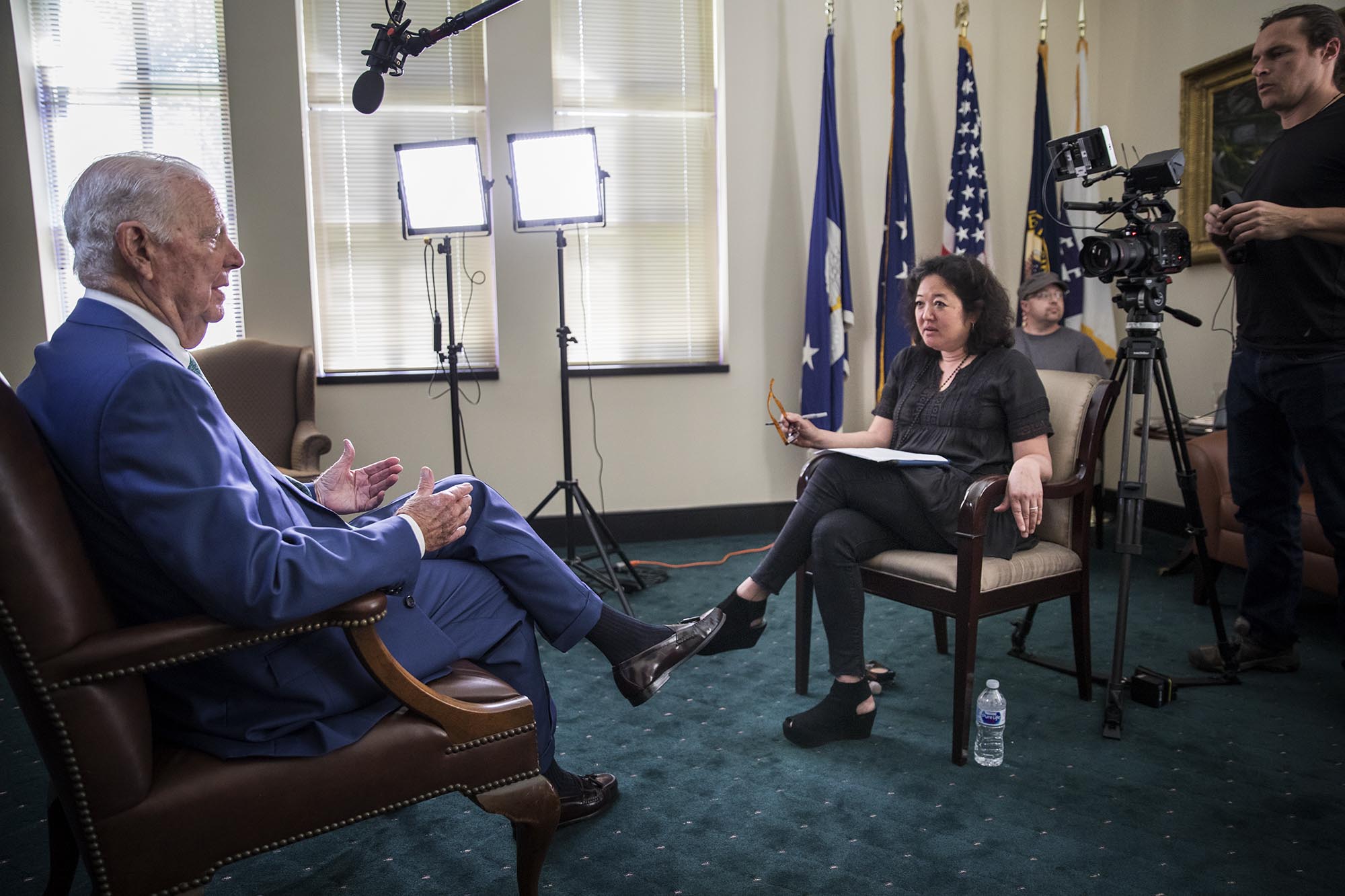 Filmmaker Lori Shinseki (right) interviews James Bake (left)