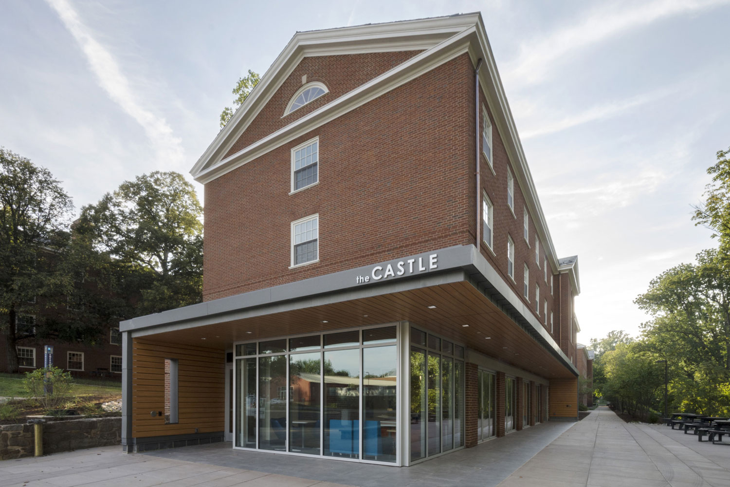 Entrance to a brick building called The Castle