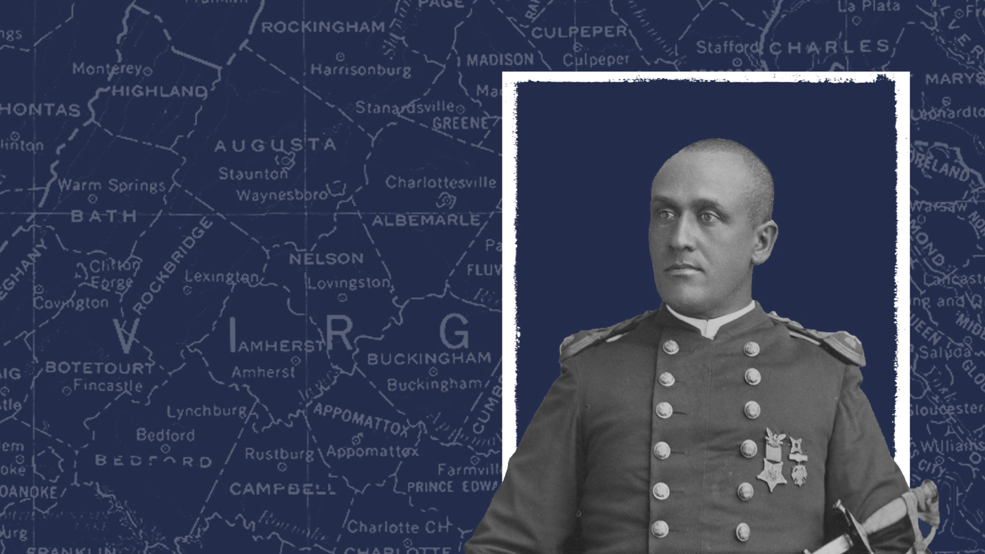 Black and white headshot of a man in civil war uniform with the state of Virginia in the background with counties marked