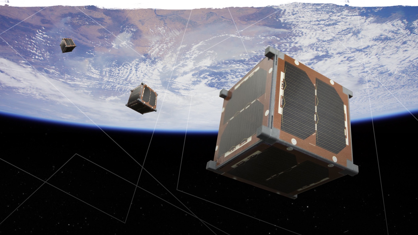 Cubes in space with the earth below