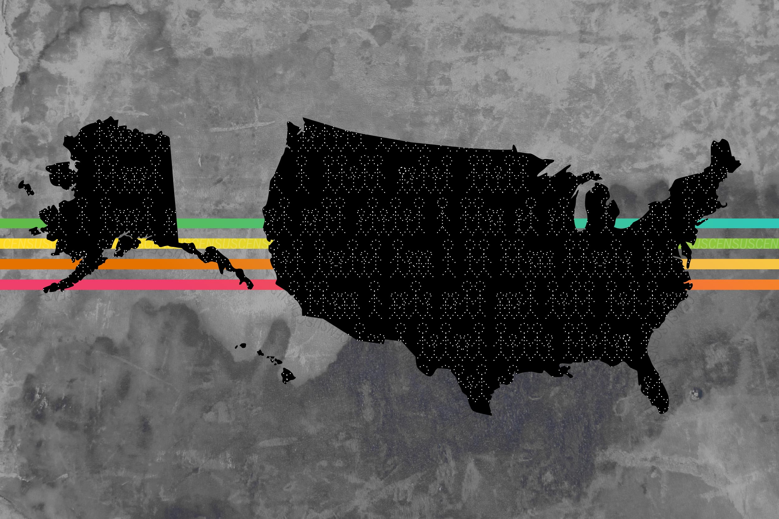 Illustration of the United States as solid black color with stick people made of dots all over the USA