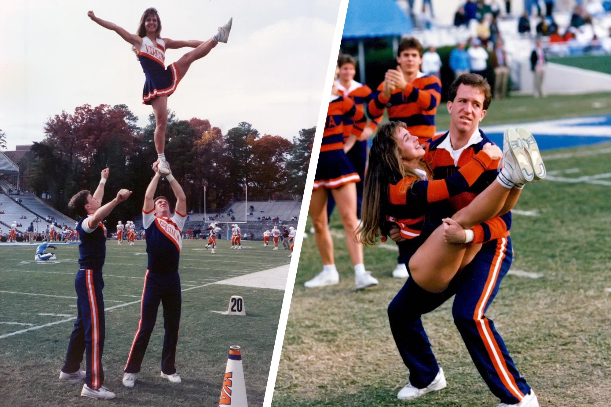 Left: holding a cheerleader in the air. Right: Catching a cheerleader after a stunt