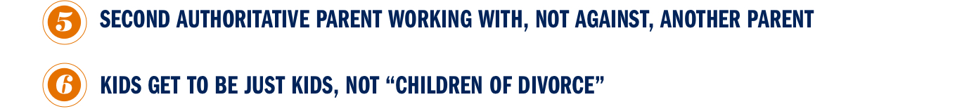 Text reads: 5) Second authoritative parent working with, not against, another parent. 6) Kids get to be just kids, not "Children of divorce"