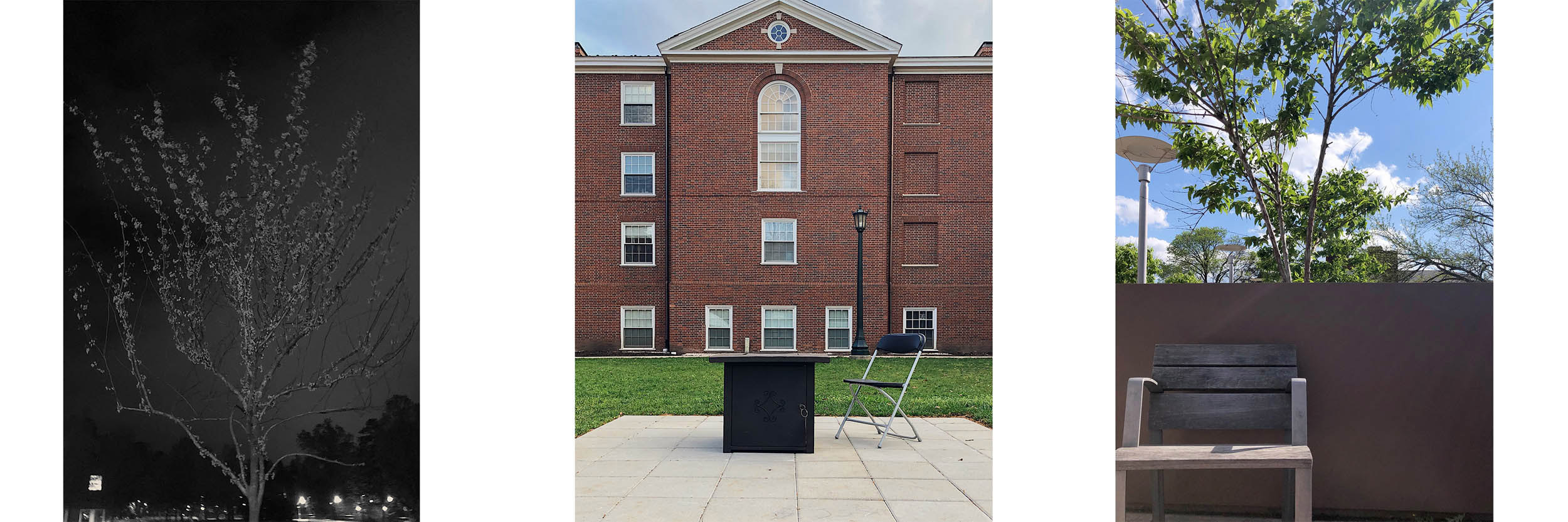 Empty table and chair siting on a patio square in front of a brick building