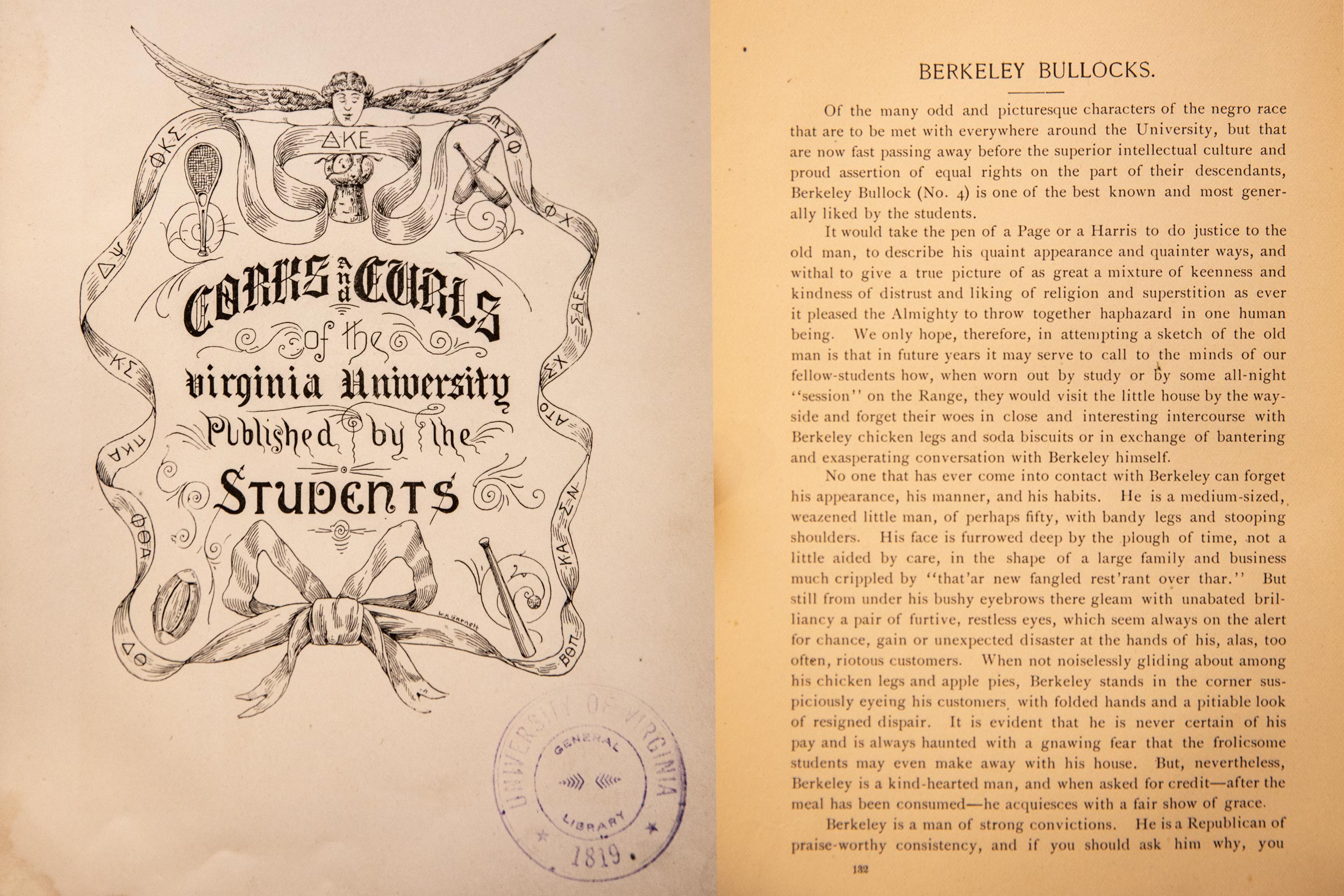 Book that reads Corks and curls of the Virginia university published by the students and a page about Berkeley Bullocks