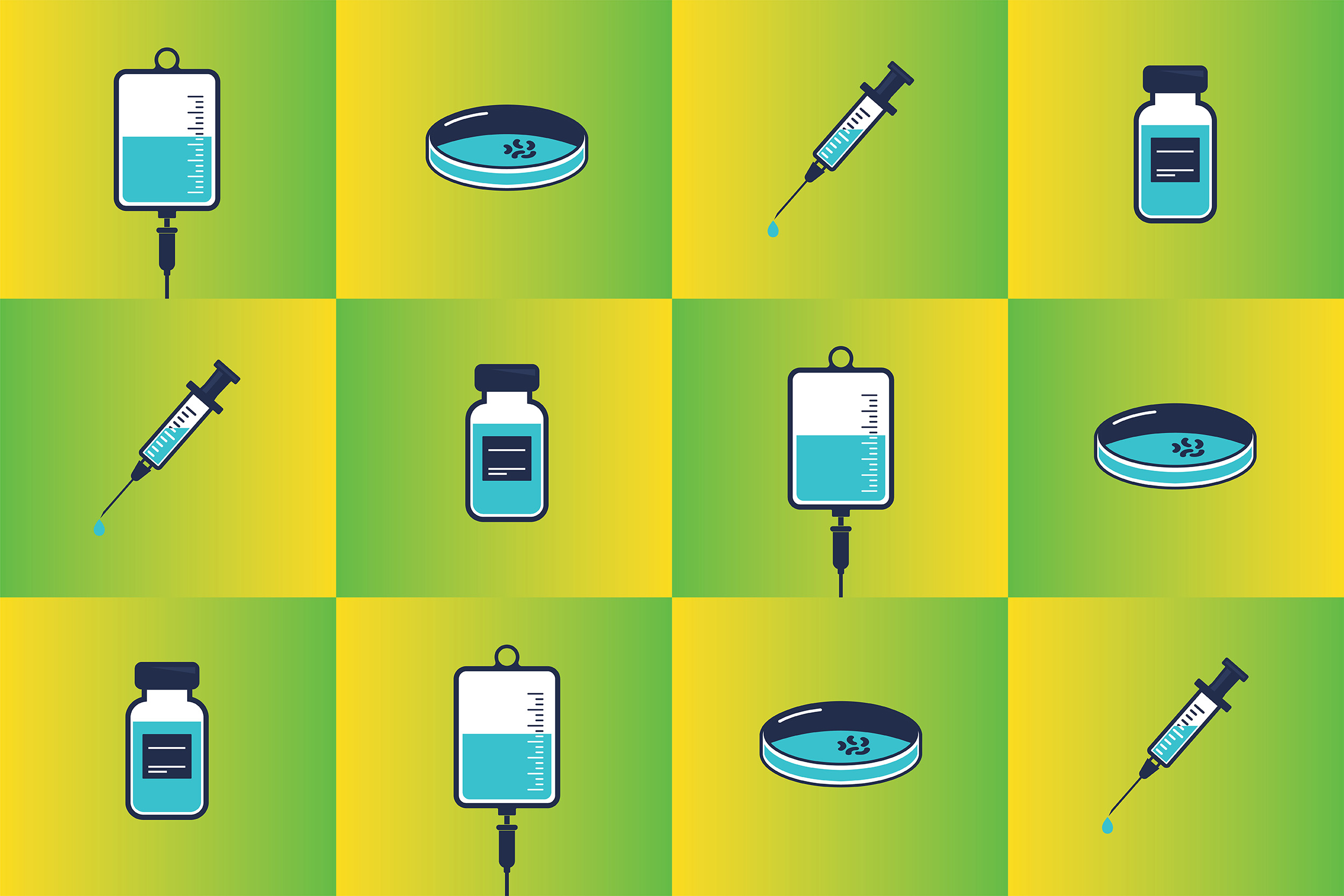 Illustrations of iv bag, petri dish, syringe, and medicine vial in random order of the three rows and 4 columns