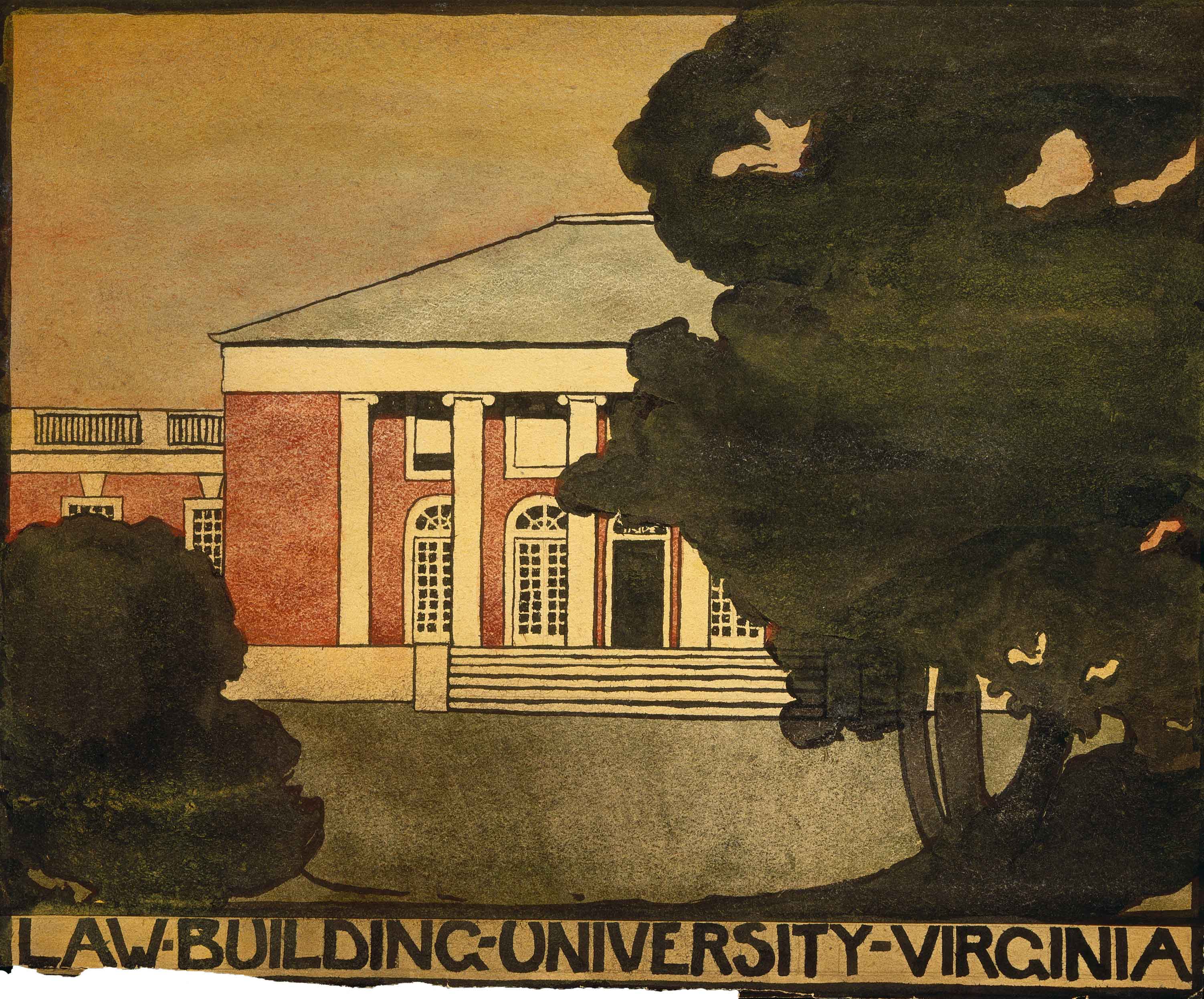 watercolor painting of the UVA Law building