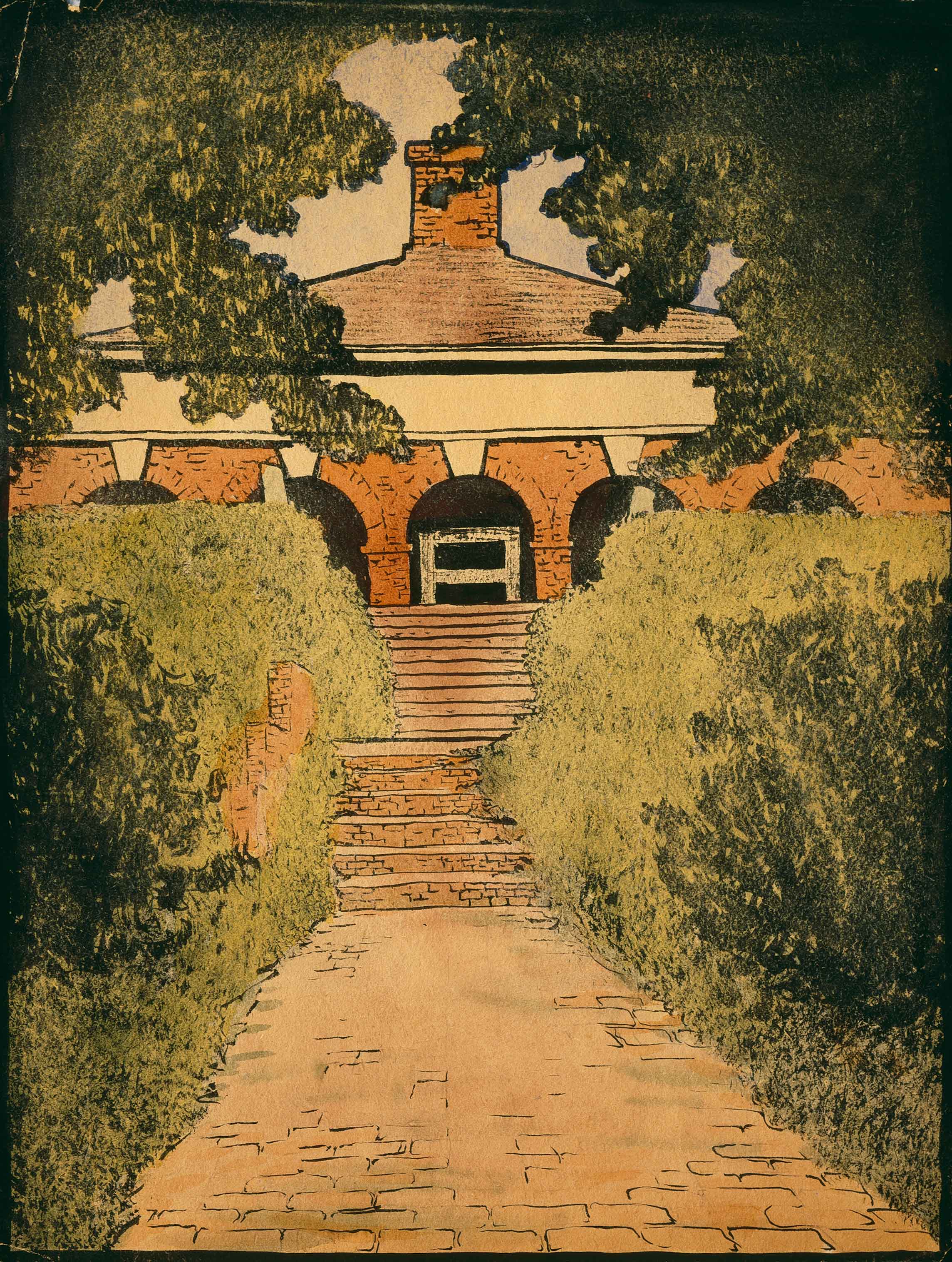 Watercolor painting of brick arches on grounds