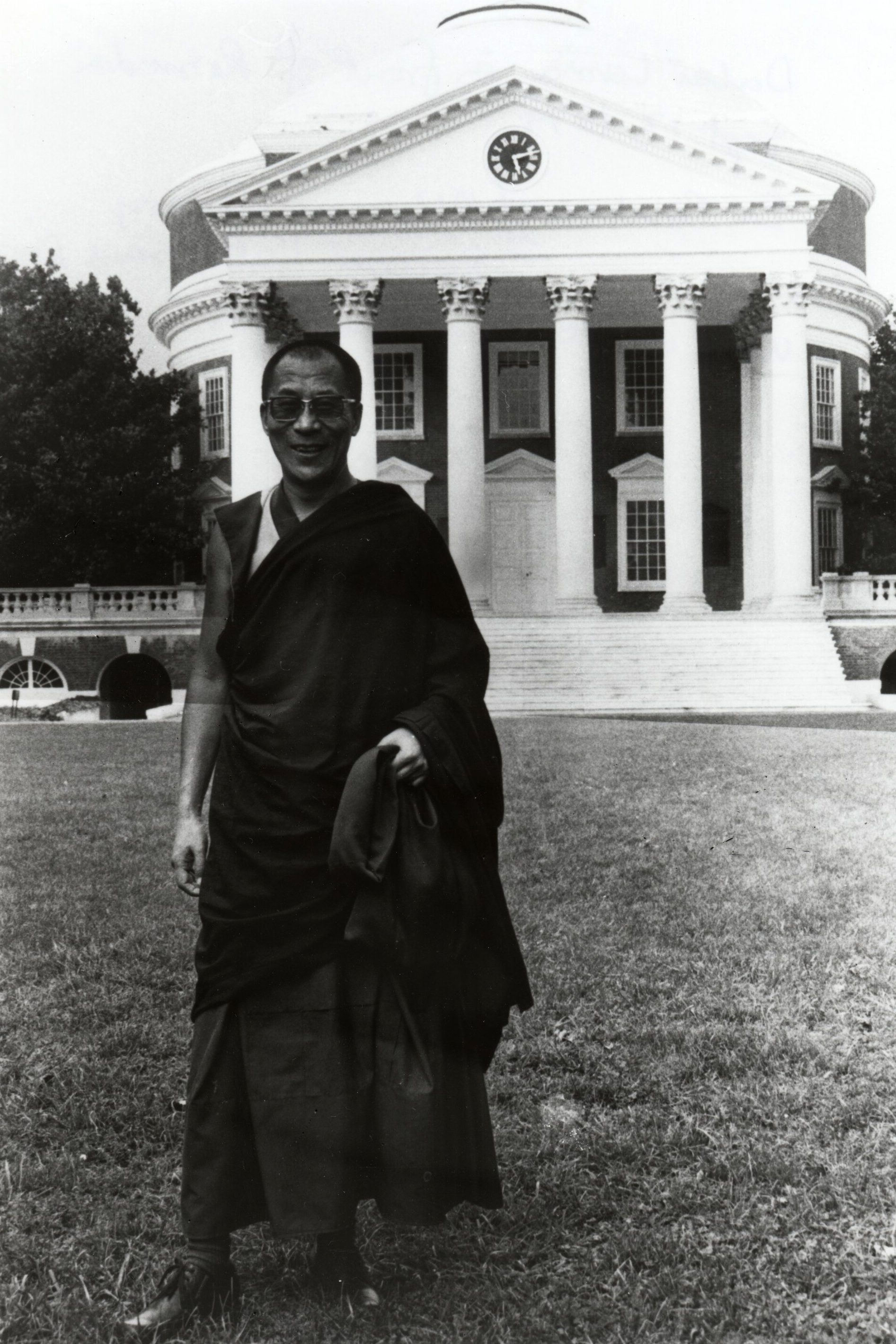 The Dalai Lama during a visit to Grounds in 1979. Black and White image