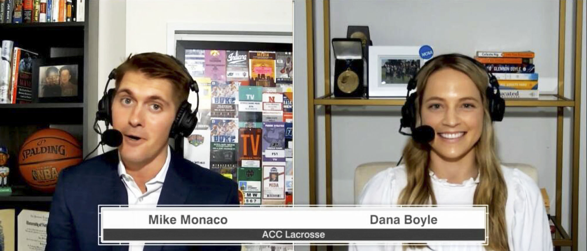 Mike Monaco, left, and Dana Boyle, right, talk to each other on an ESPNU broadcast