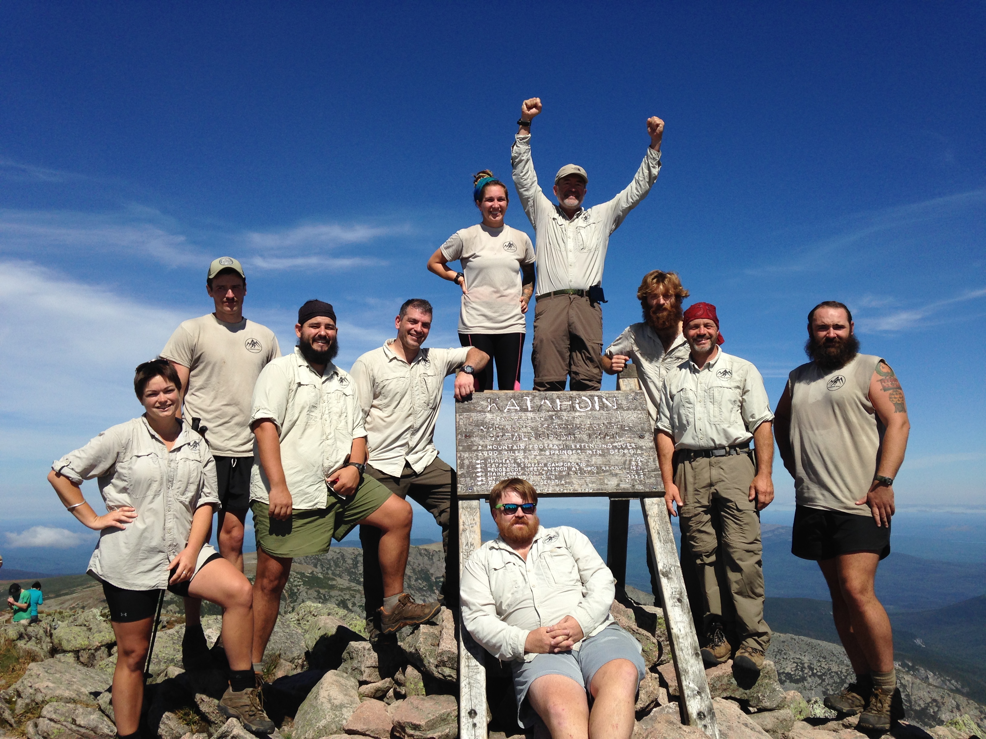 Gobin, standing fourth from the left, on the trail with a group of veterans