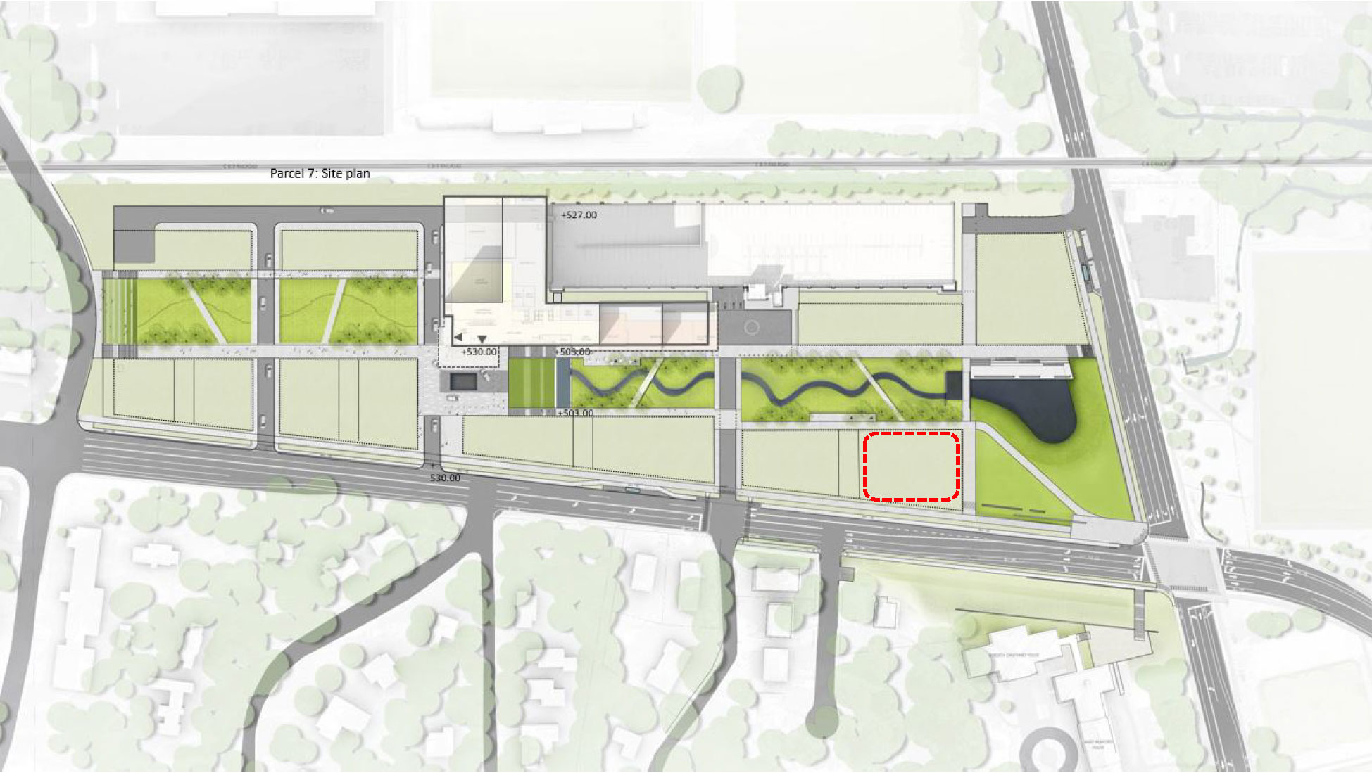 Aerial view with a red dotted line where the Data Science building is planed to be built