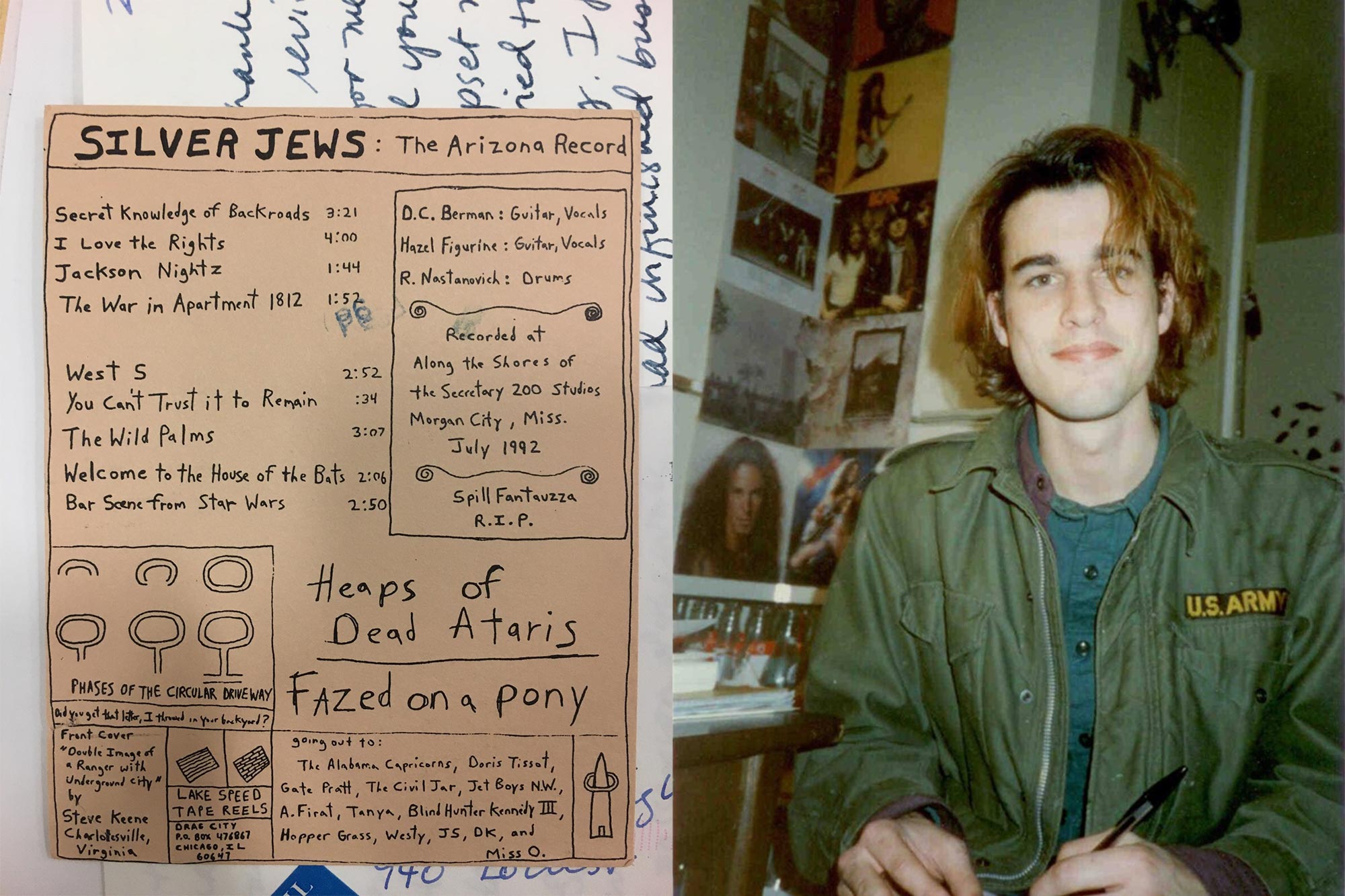 Left: handwritten note. Right: headshot of David Berman