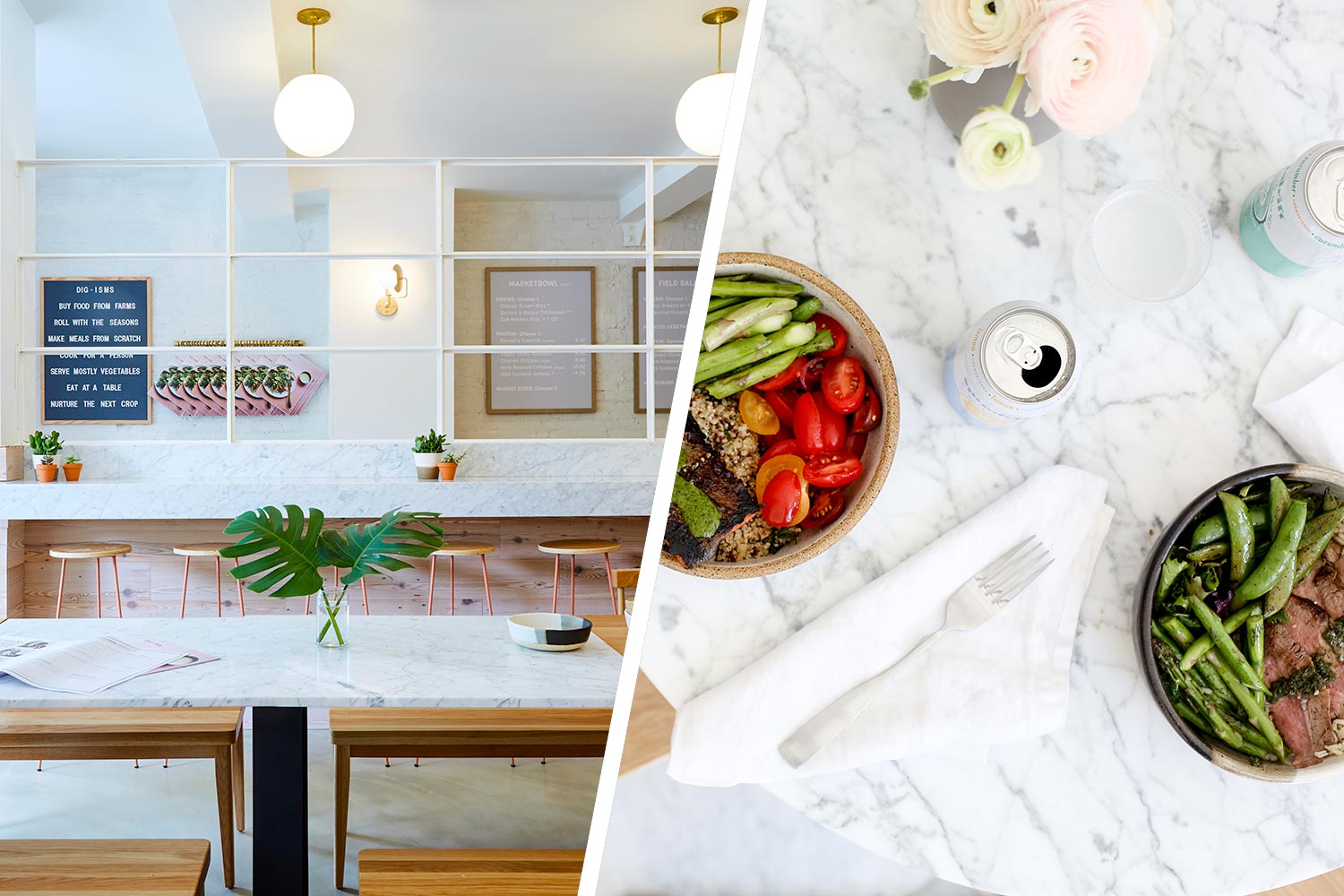 Left: Inside of a restaurant on Boylston Street in Boston with bar stool seating; right: the restaurant’s Marketbowls. 