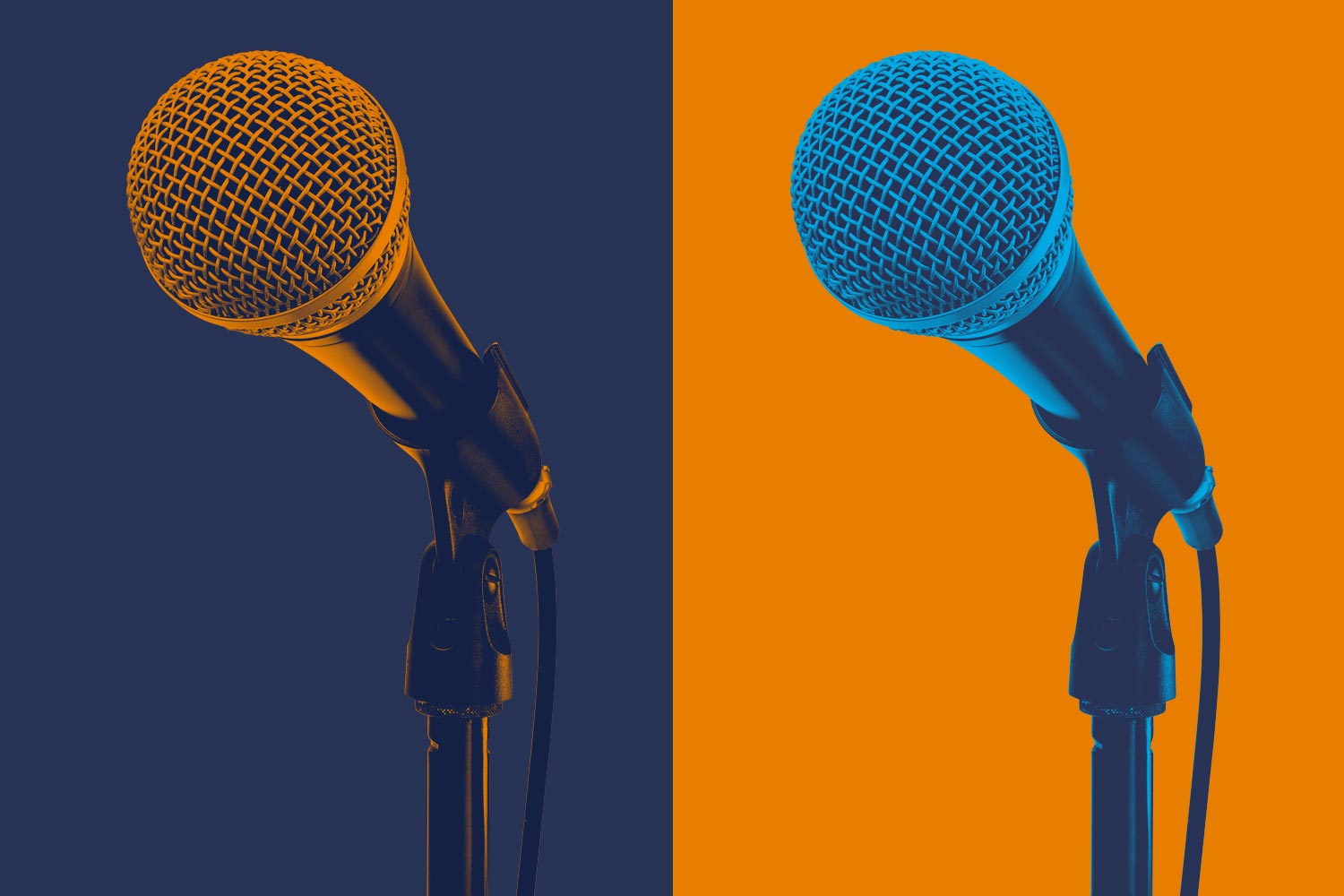 Orange microphone on a dark blue background and a blue microphone on an orange background