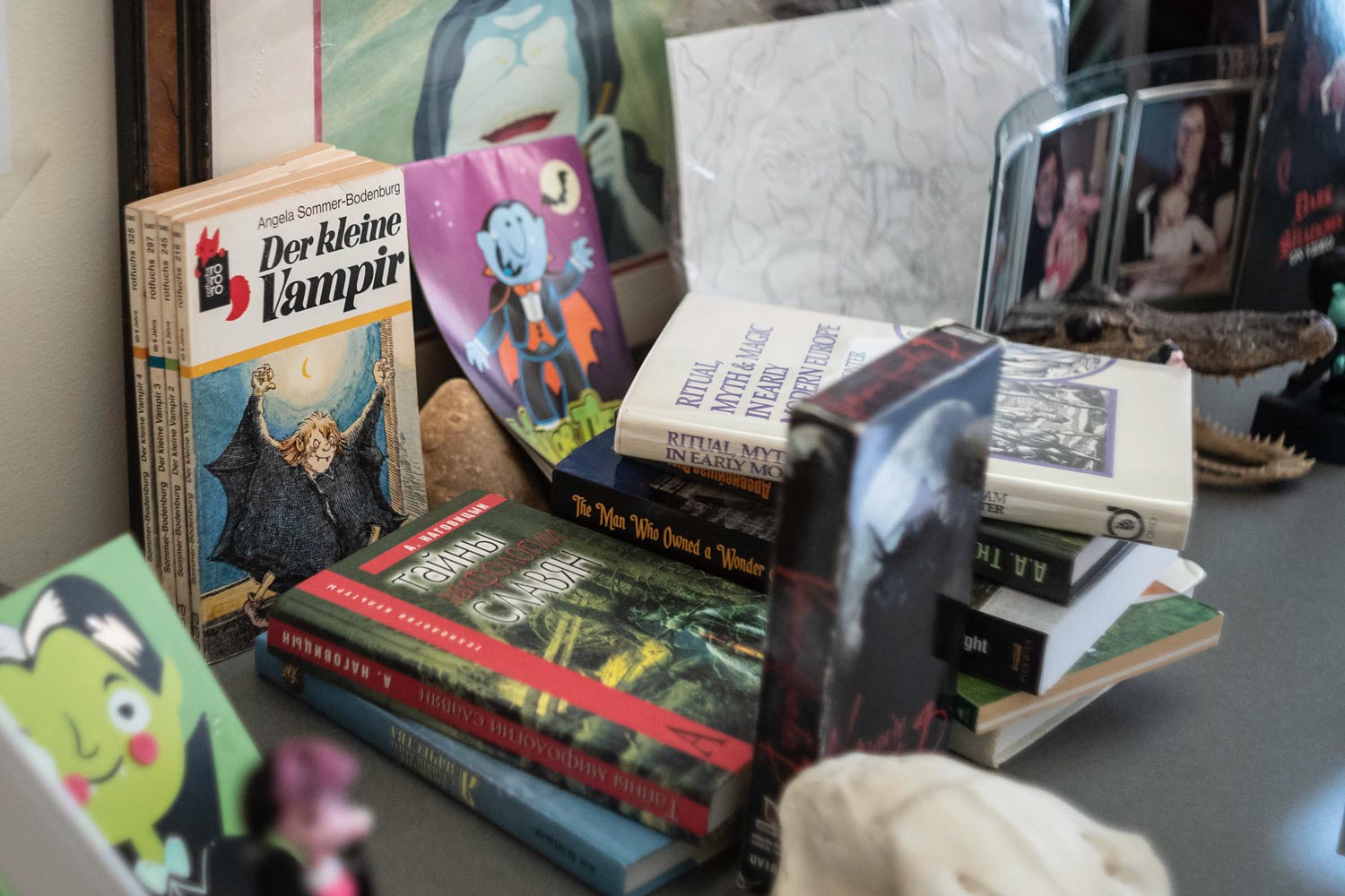 Stacks of of various vampire books, cards and movies