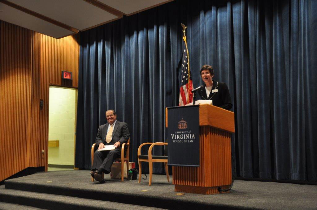 Perry introduced Justice Antonin Scalia, at left, before he gave the Henry J. Abraham Lecture at the UVA School of Law in 2010. (Photo courtesy of Robert S. Capon)