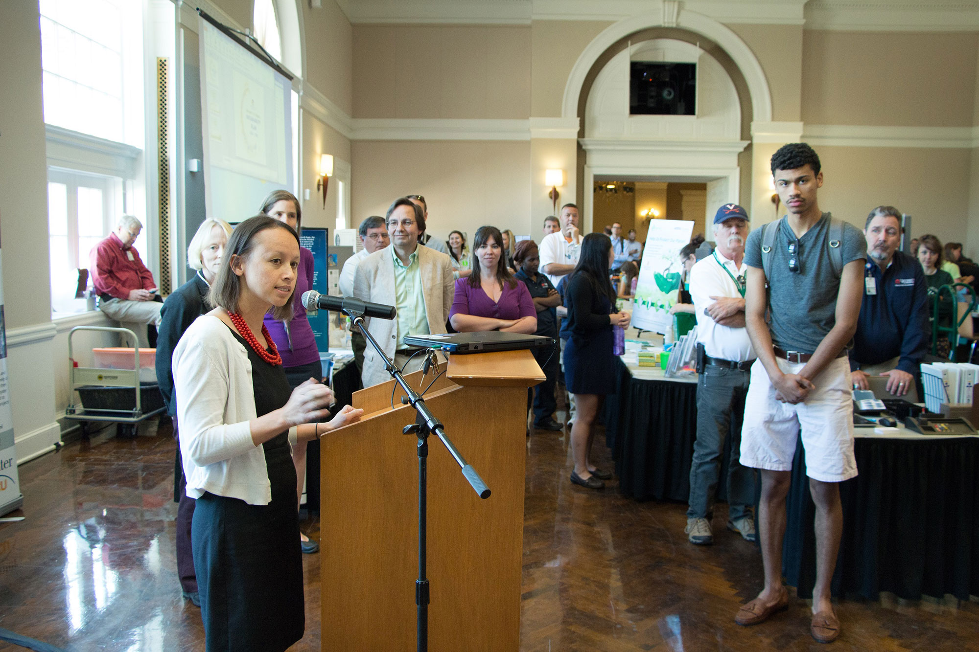Andrea Trimble, sustainability director in UVA’s Office for Sustainability, presents the University’s comprehensive sustainability plan during an Earth Week Exposition at Newcomb Hall.