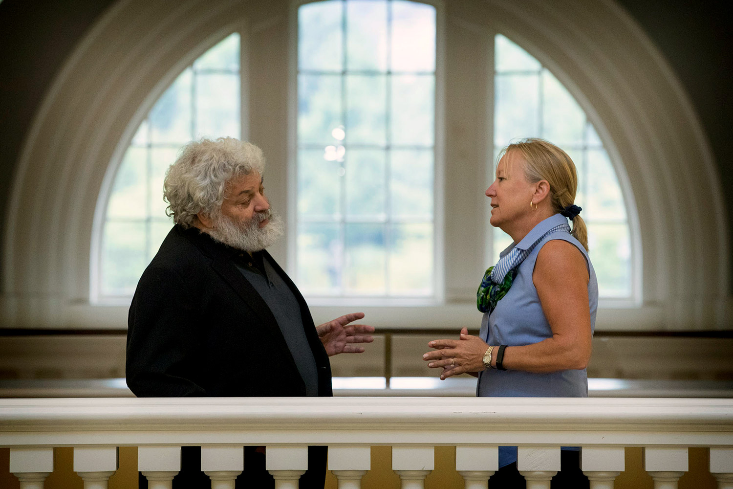 R. Edward Freeman, left, teaches a required business ethics course at Darden, while Luann Lynch, right, incorporates ethics-driven case studies into her elective courses, including a new case study she and two former students wrote about the Volkswagen scandal. (Photo by Dan Addison, University Communications) 