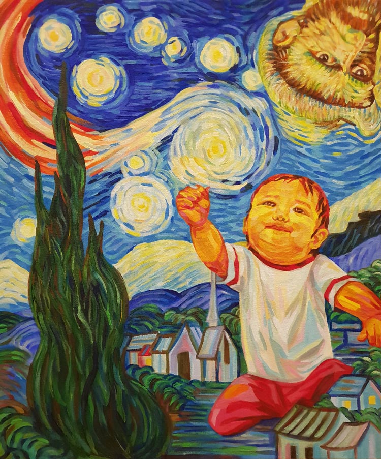 Painting of a small child combined with Vincent van Gogh's starry night painting