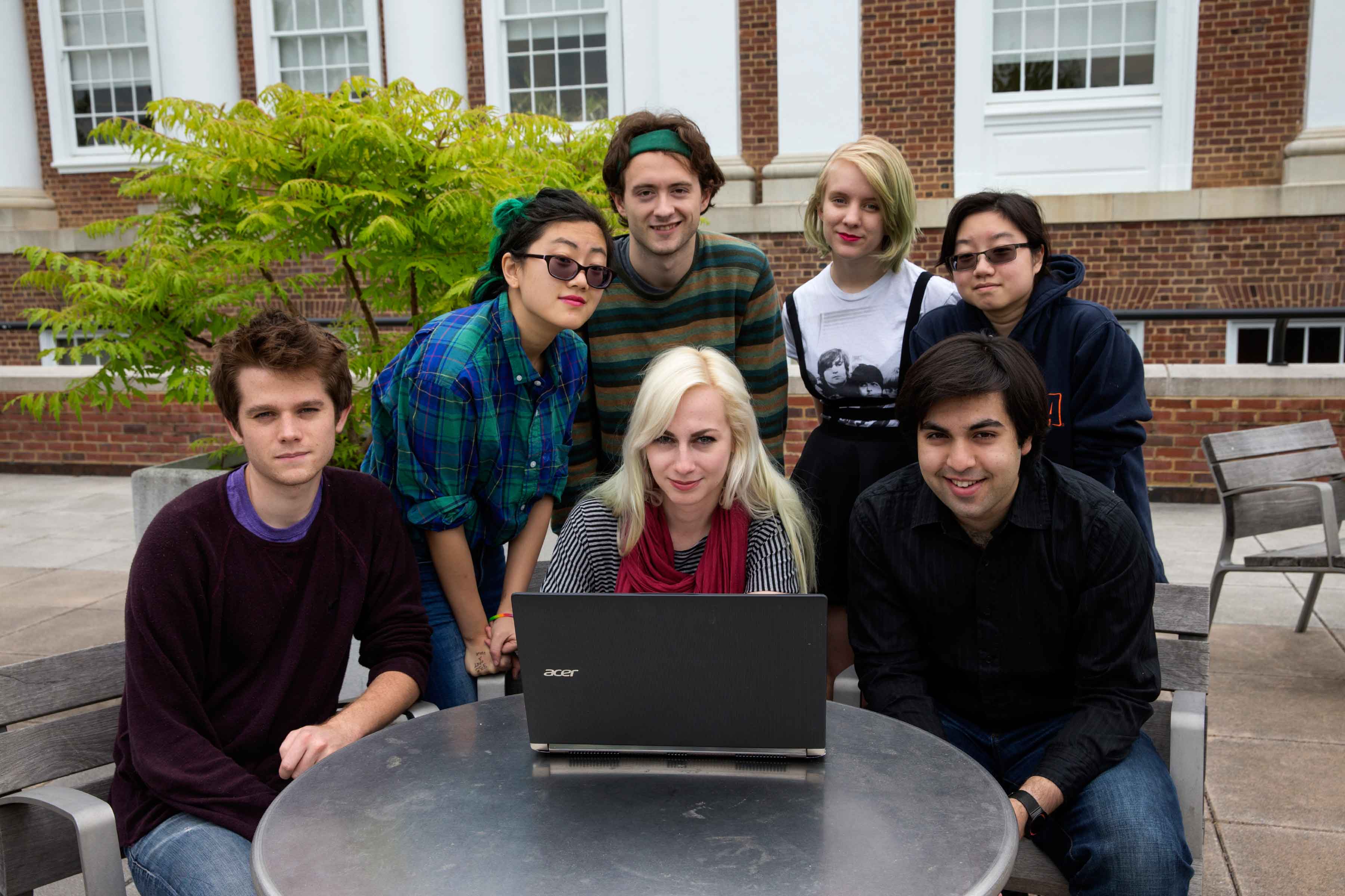 Green Willow Games’ student team members, from left to right: Chad Vickers, Wendi Chen, Will Evans, Elizabeth Ballou (center), Shannon Spence, Annie Vu and Atthar Mirza.