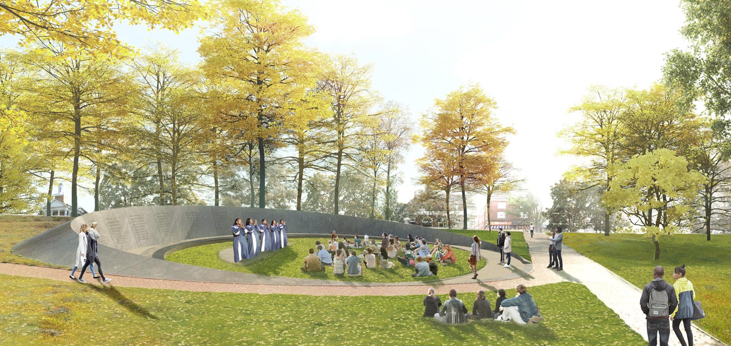 Digital drawing of the Memorial for Enslaved Laborers with people singing in the middle of it and people sitting and standing listening