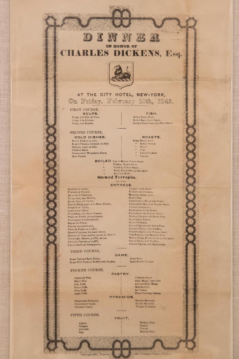 This extensive menu for a dinner honoring Charles Dickens’ 1842 tour of America includes stewed pigeons – meaning the passenger pigeon, which was hunted and eaten into extinction.