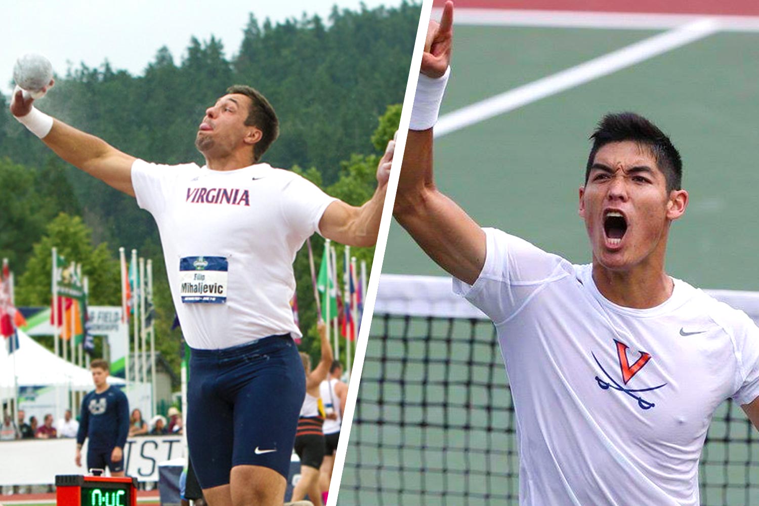 Left: Filip Mihaljevic, throwing a a shotput,  Right:  Thai-Son Kwiatkowski celebrates after winning tennis