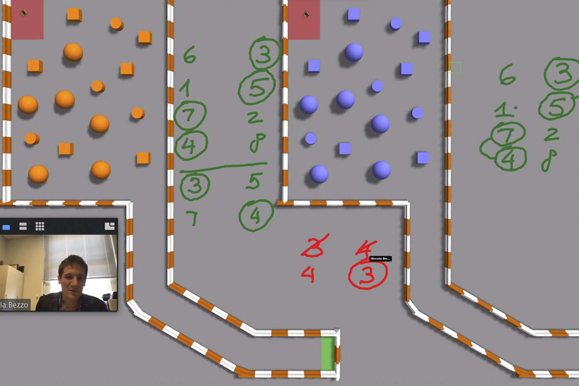 two colors of objects (orange, left, purple, middle), each with one vehichle in the top left corner of their portion of the screen