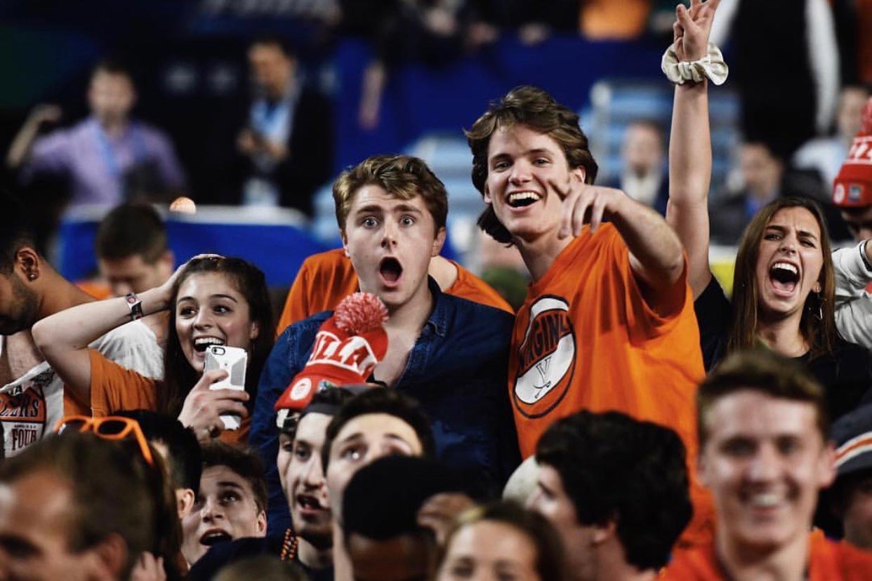 Shannon Foster, left, Kyle Thielsch and Avery Shivers celebrate the UVA win in the final four