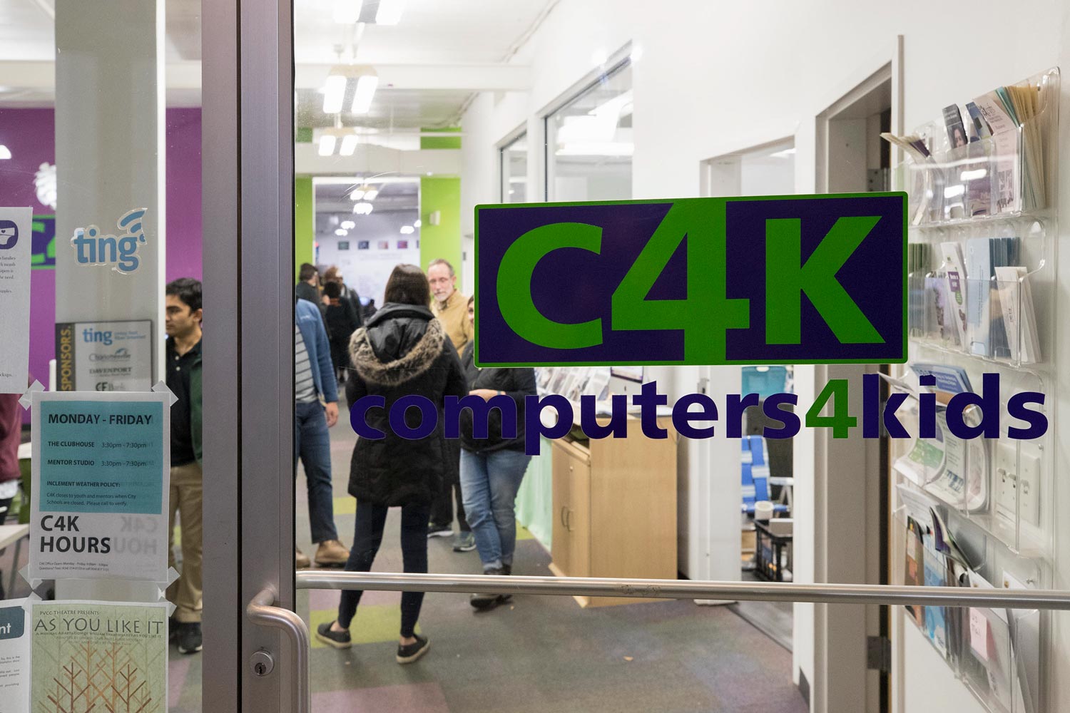 Glass door has a text that reads C4K Computers 4 Kids