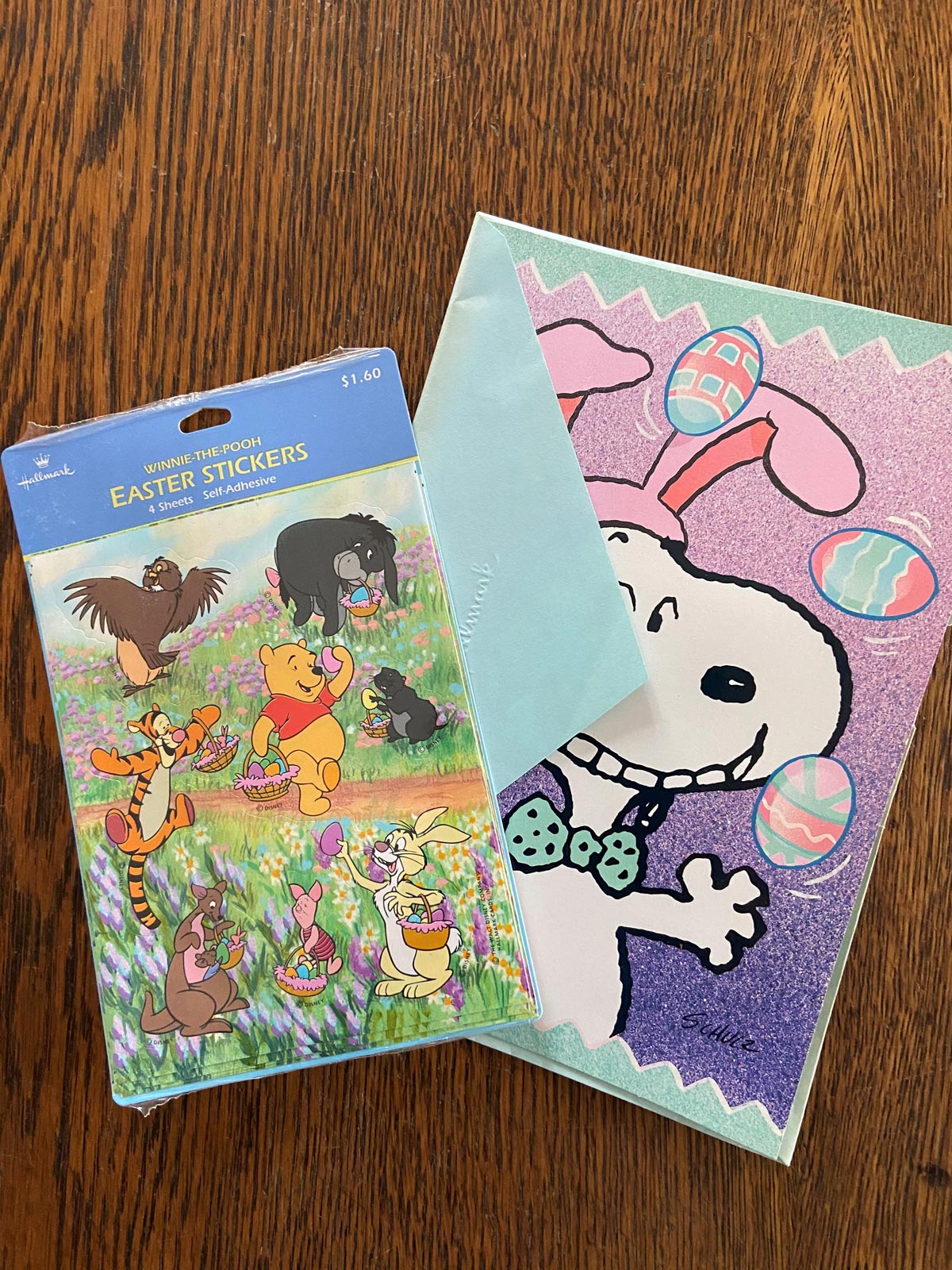 Snooper Easter Card with a pack of Winnie the Pooh Easter stickers on top
