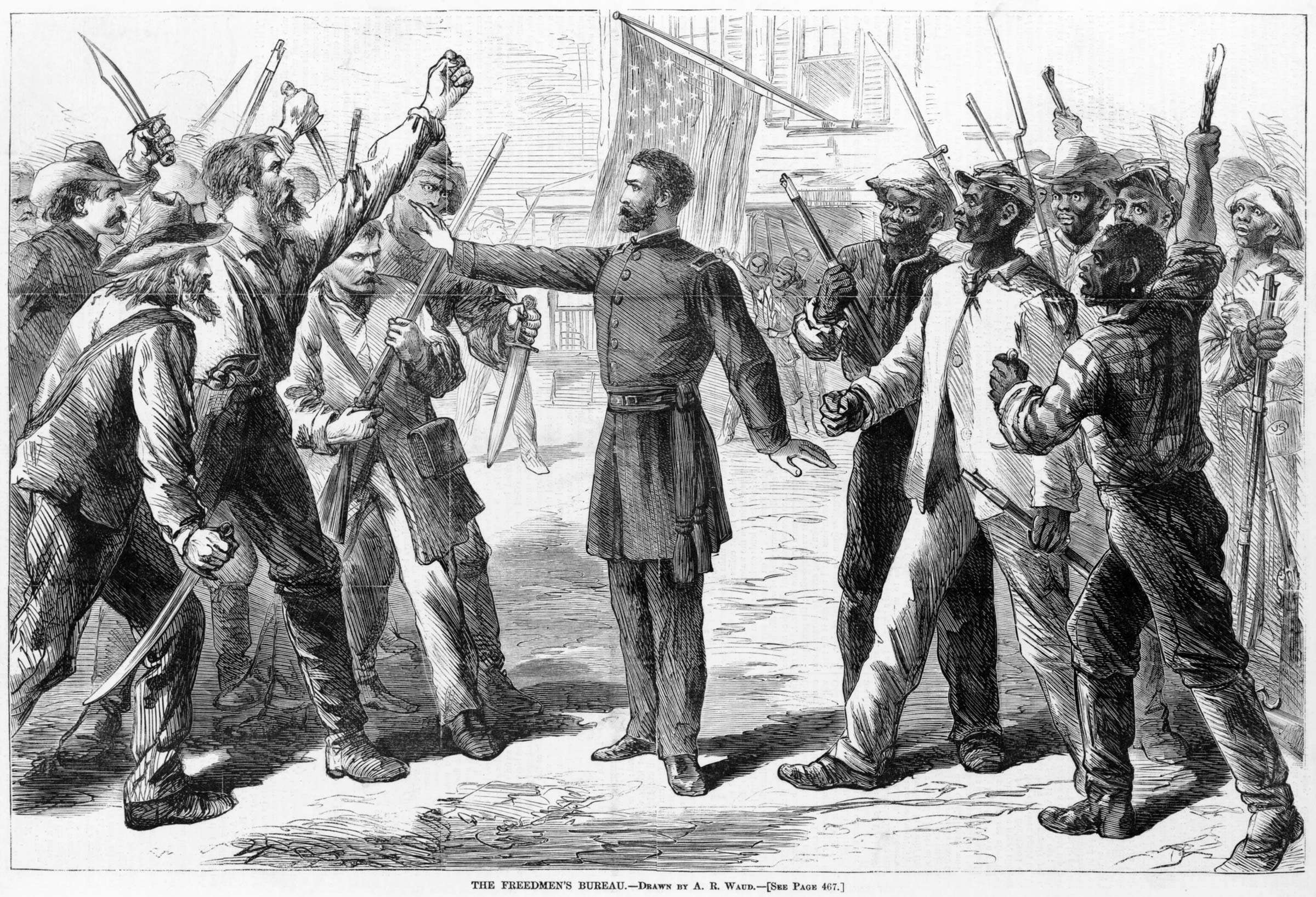 drawing of a general standing between a segregated group who all had weapons