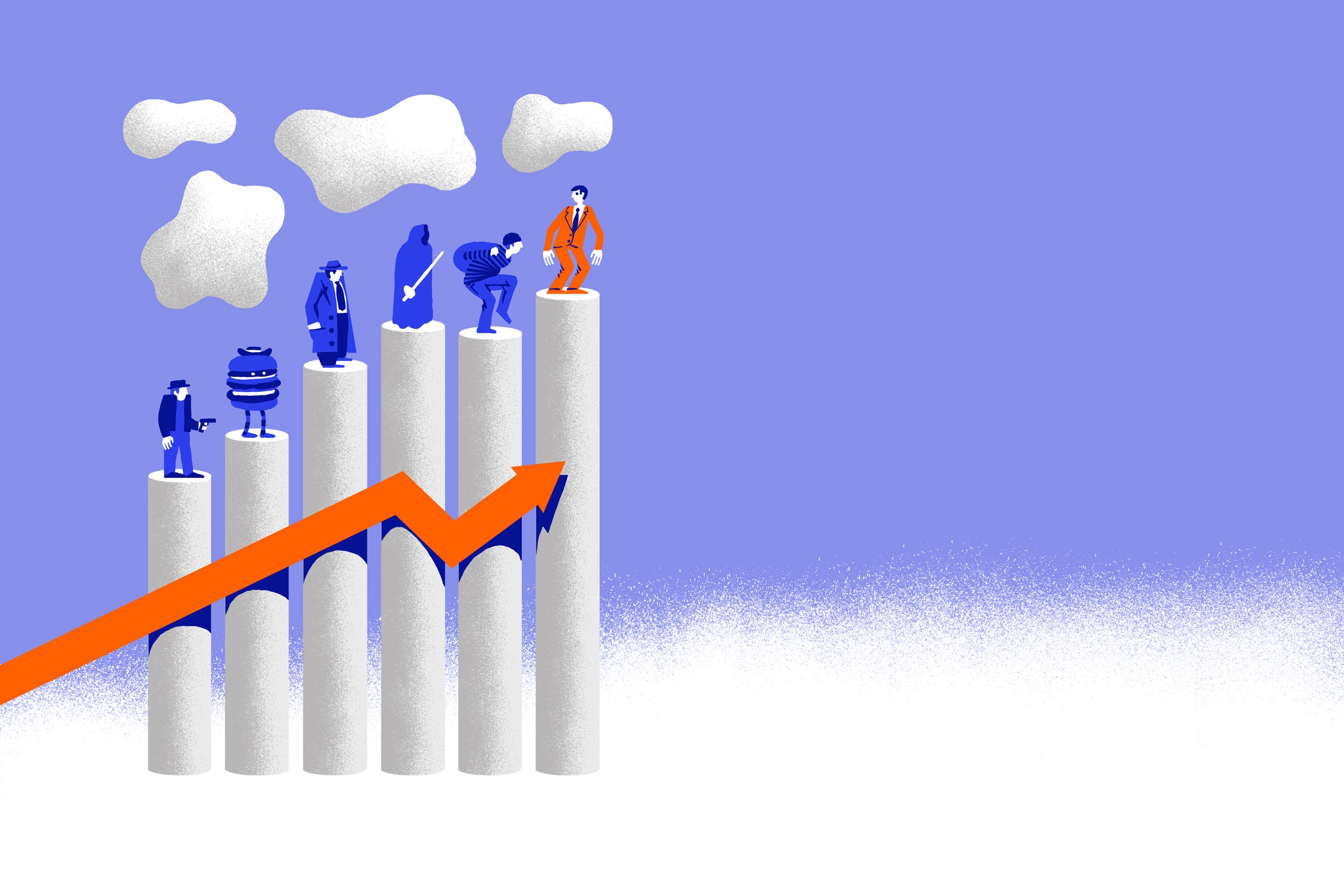 Illustration of white columns at different heights with one person on each column and a orange arrow