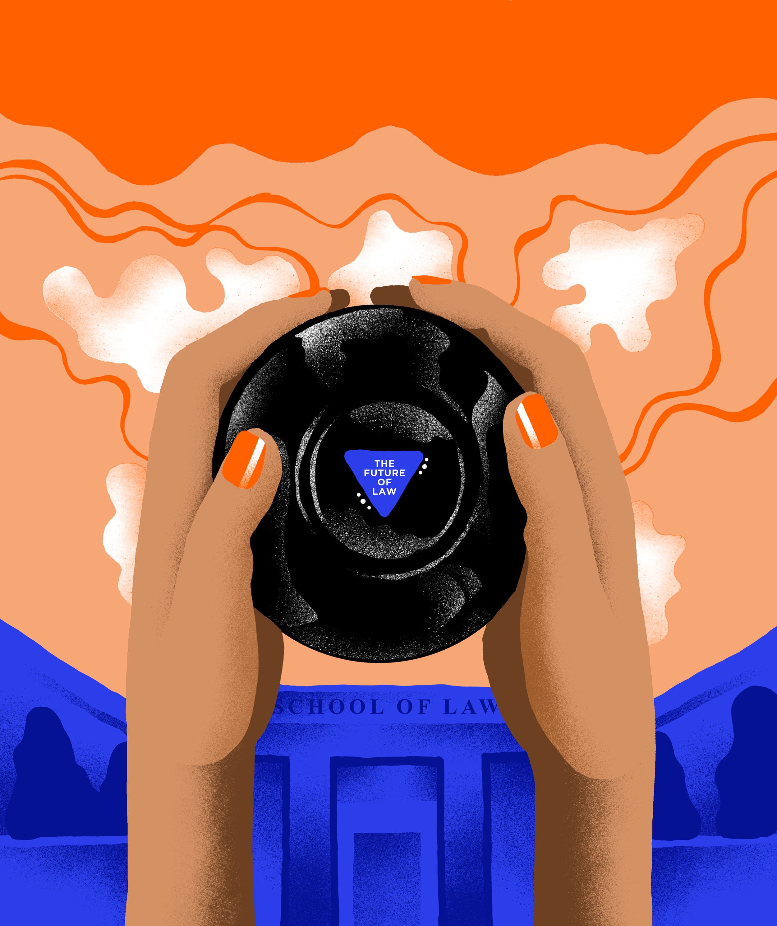 Illustration of a person holding a magic 8 ball that says the Future of Law