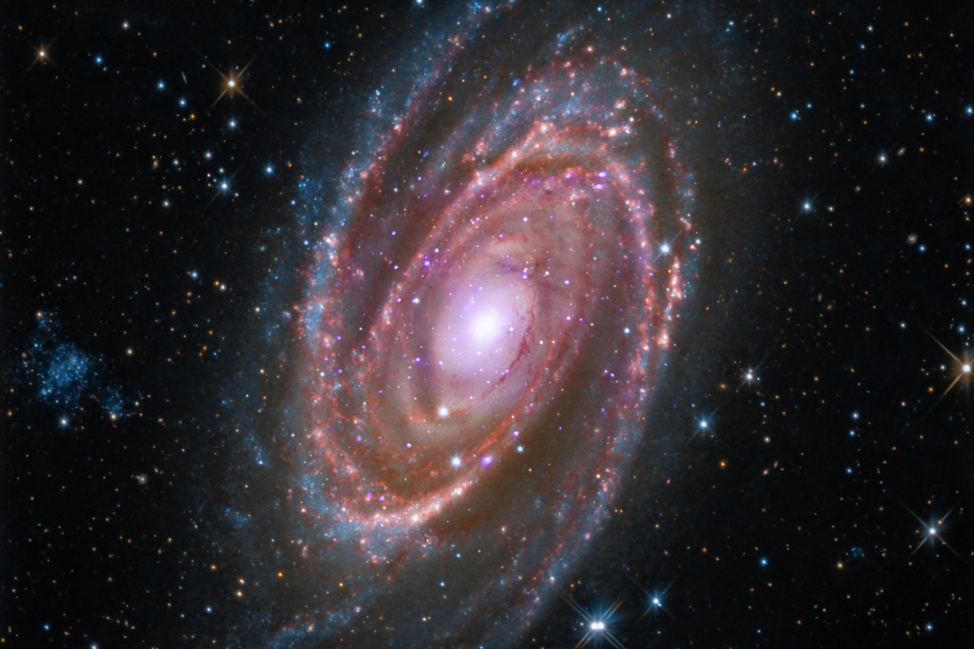 The spiral galaxy M81, spiral galaxy with purple, pink, and blue colors