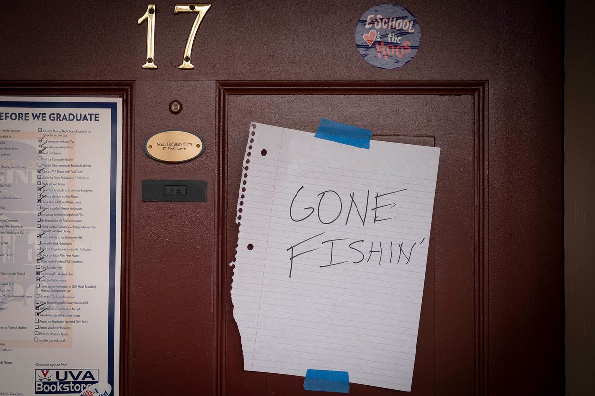 Door with the number 17 with a sign that reads Gone Fishin'