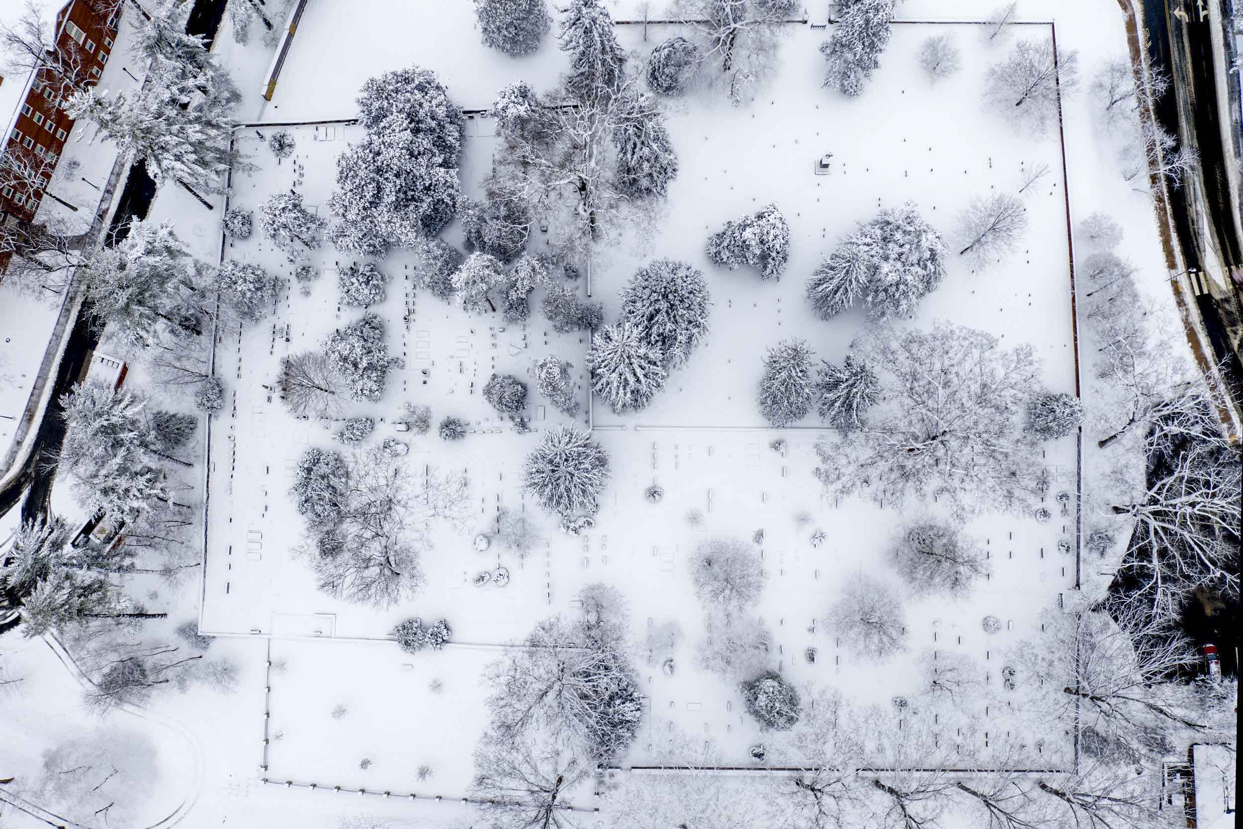 Arial view of snow covered grounds