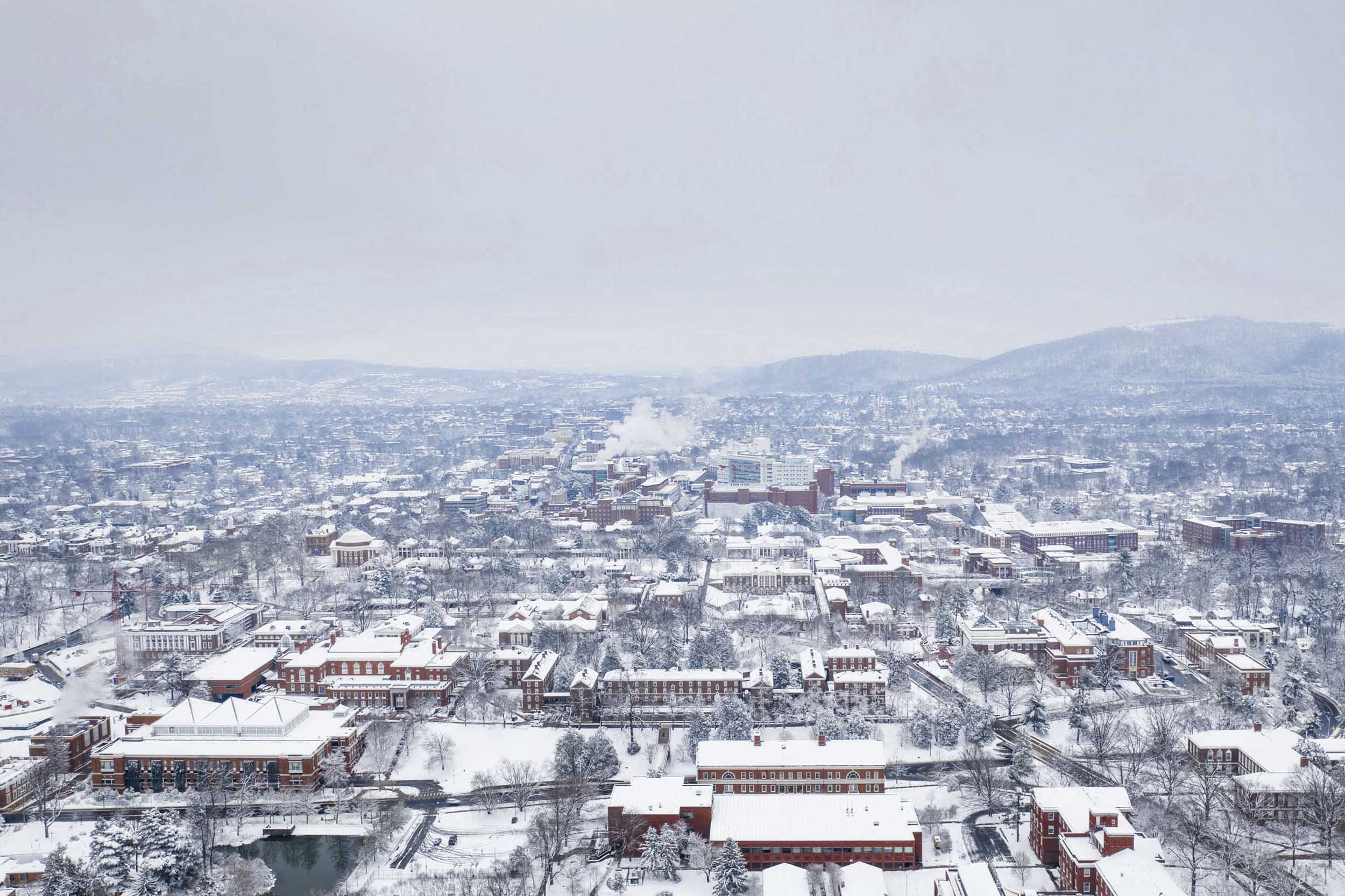 Arial View of Charlottesville covered in snow