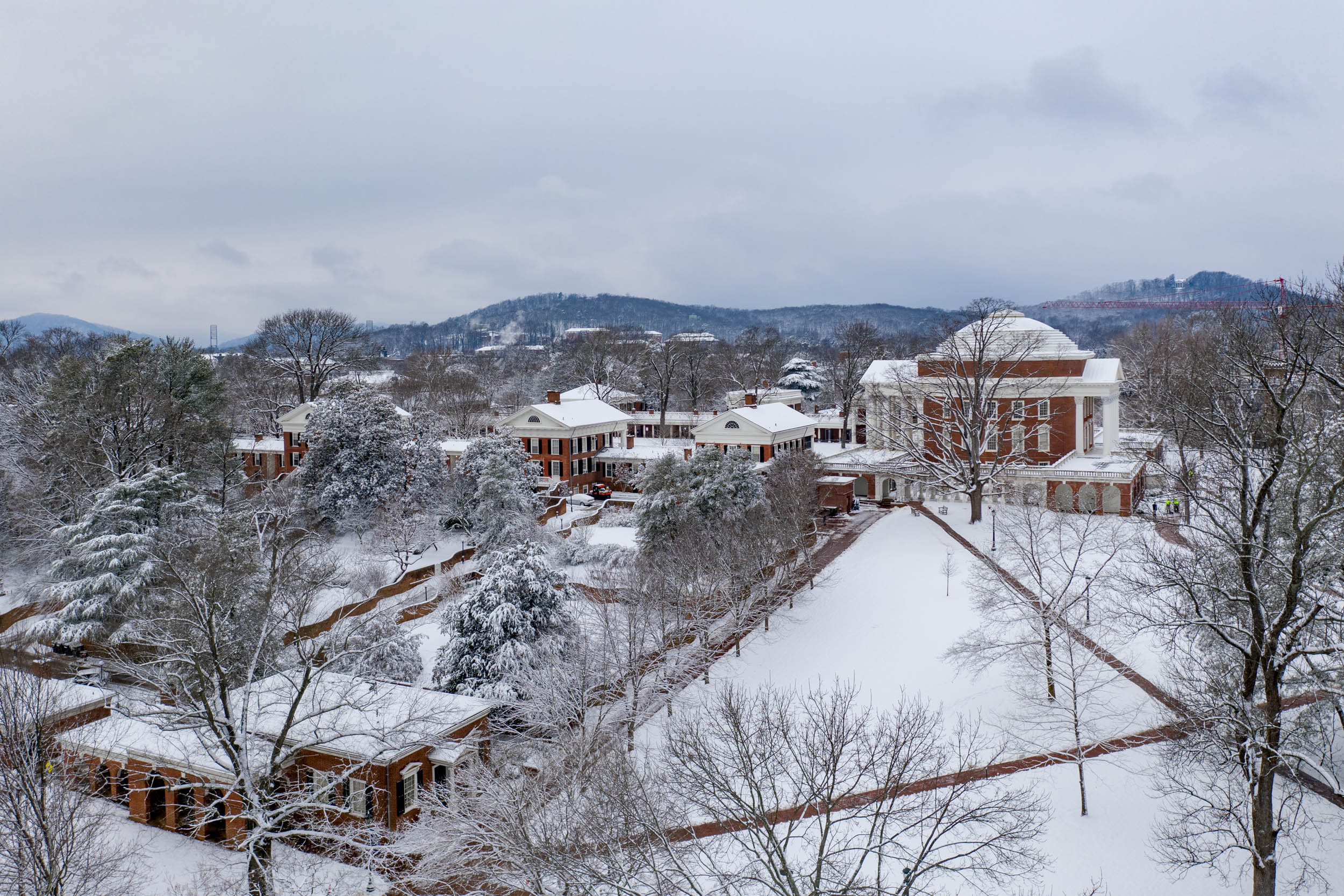 Arial view of the Rotunda in the snow