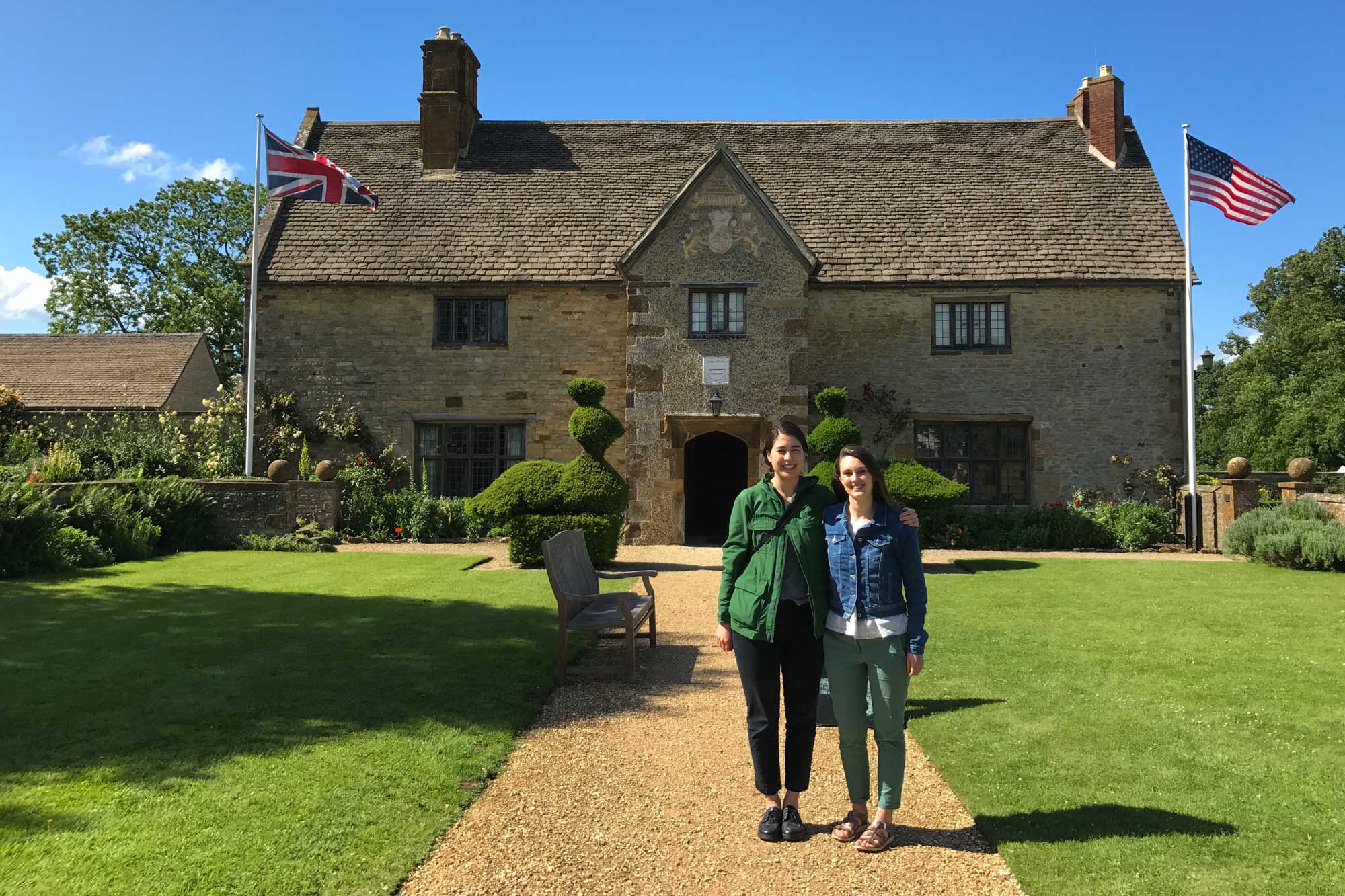 Aisha Sawatsky, left, and Jane Trask in front of Sulgrave Manor