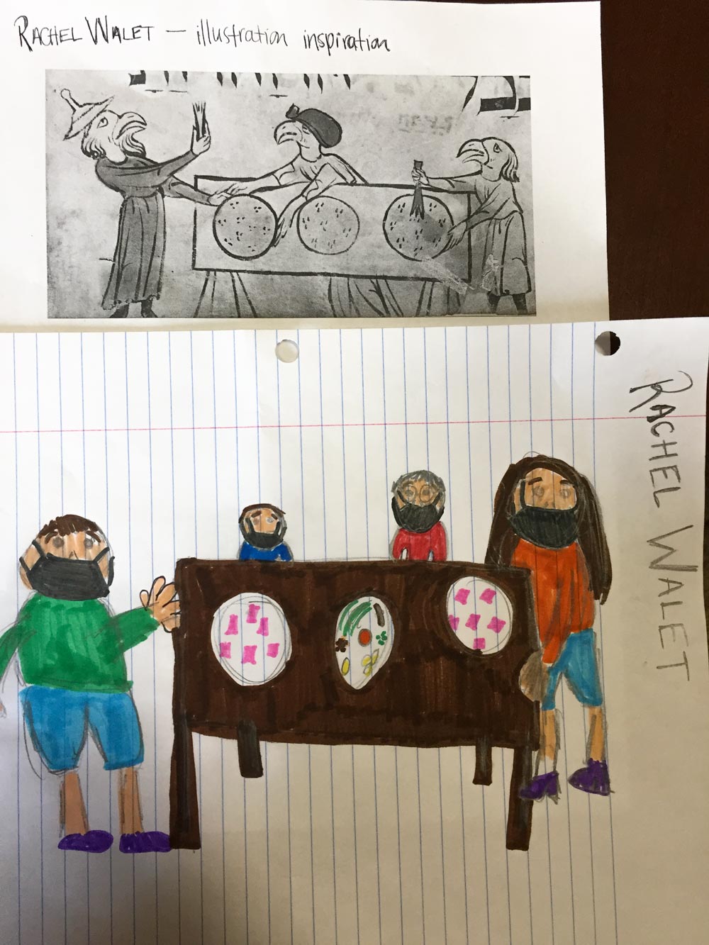 Drawing by a little kid of four people standing at  table with food on it