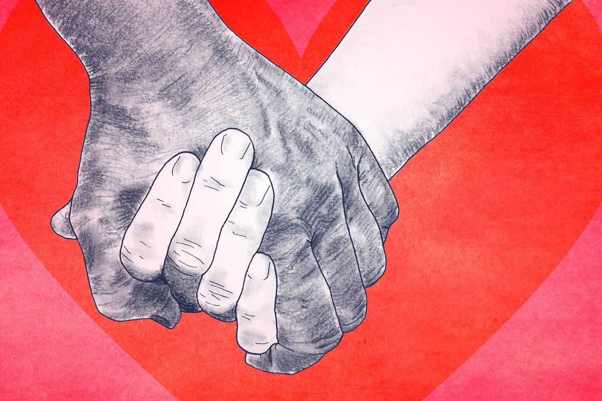 illustration of two people holding hands.  Left hand: African American, right hand: white