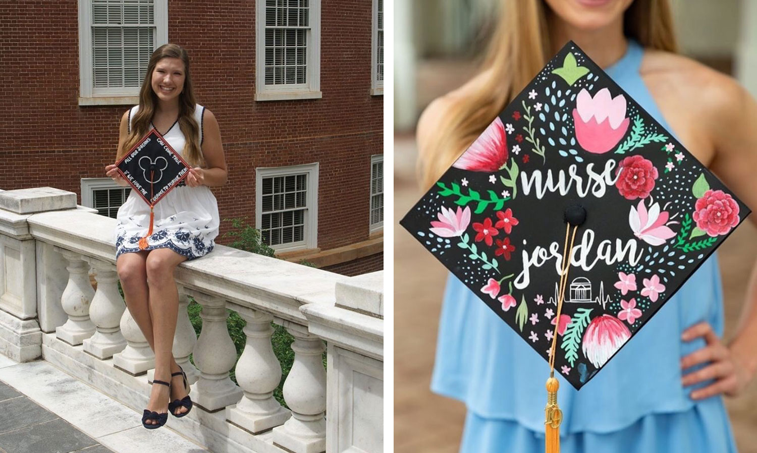 Left: Hannah Delaney holding her hat with Mickies head on it Right: Cap with flowers that read Nurse Jordan