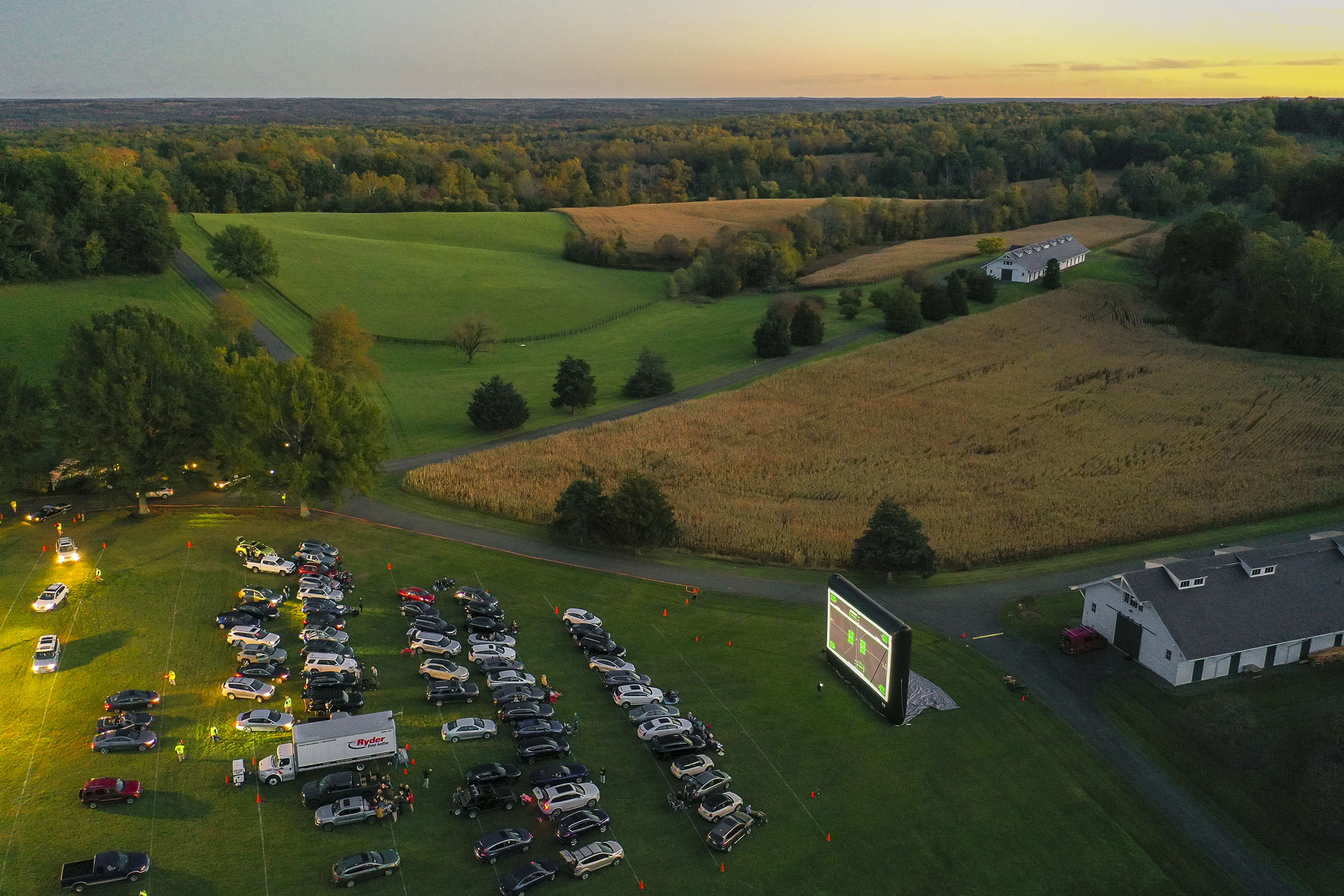 Arial View of a drive in movie theater at Morven Farm