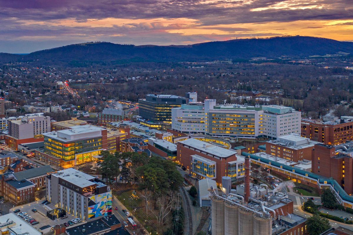 Arial view of the UVA Health Center Buildings at night